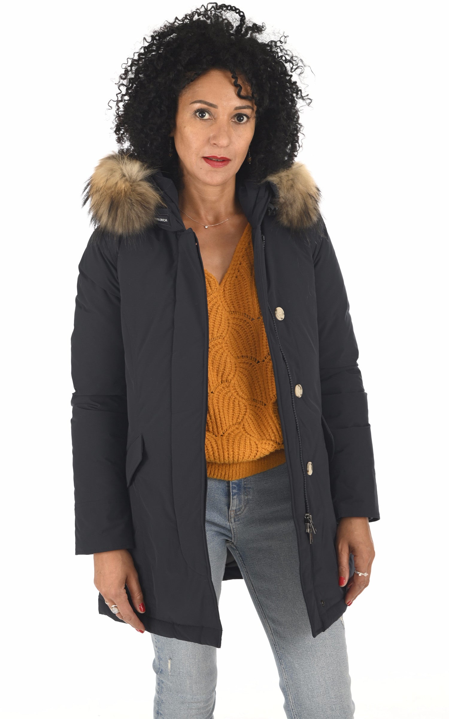 A "LUXURY ARTIC WWOU0652" Bleu Marine Woolrich 3/4 Parka Femme opened photo