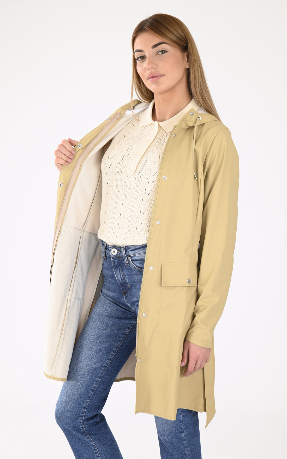 A "18130 CURVE JACKET" Beige Rains 3/4 Femme opened photo