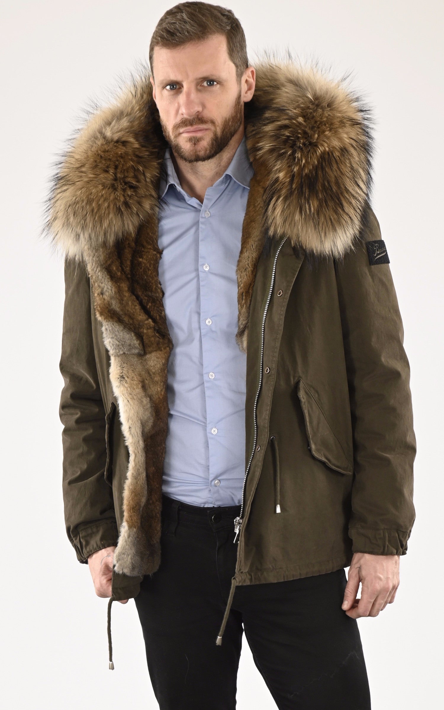 Veste Parka Vrai Fourrure Homme Parka Bi-matière Kaki Avec