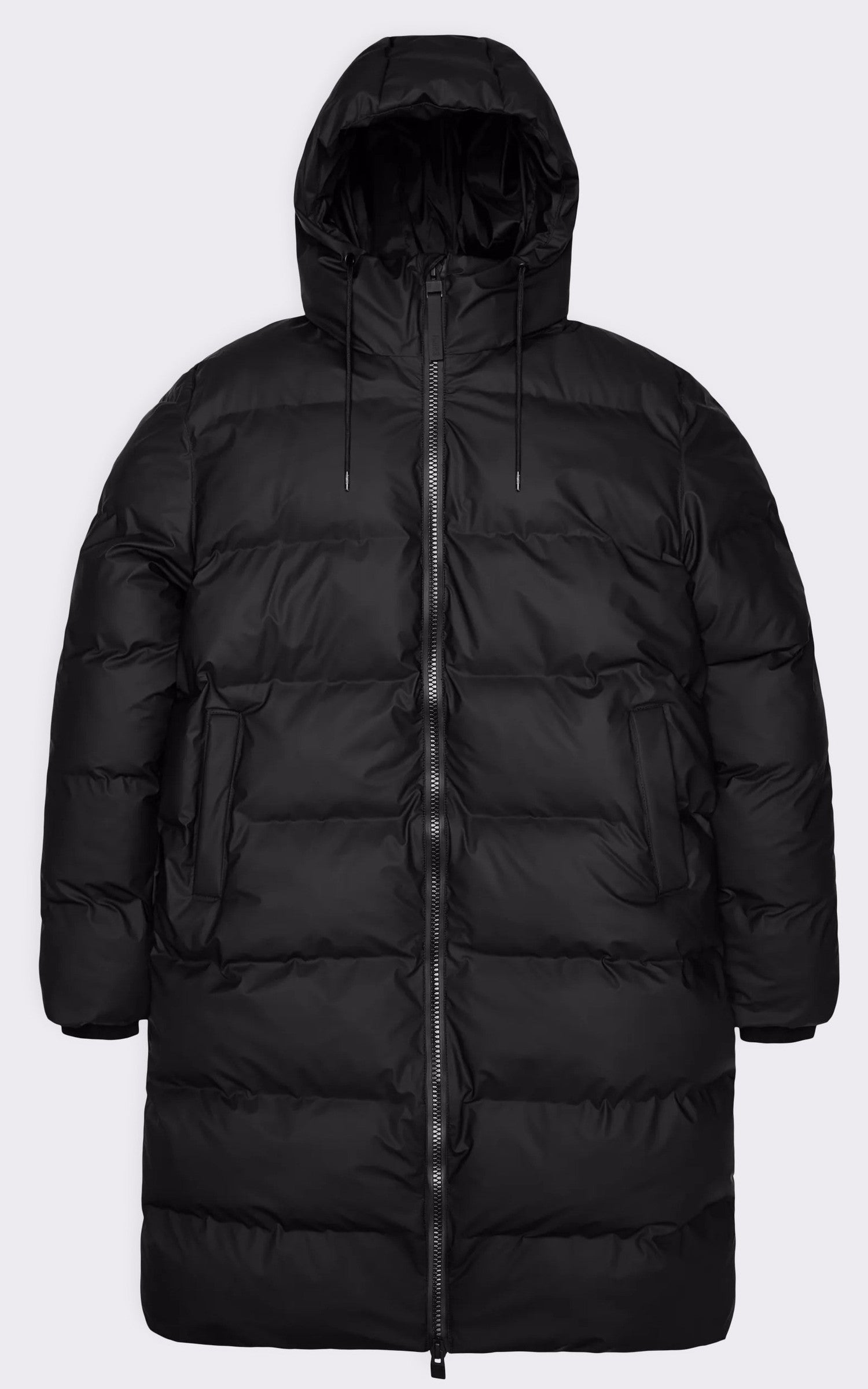 A "15130 ALTA LONG PUFFER JACKET" Noir Rains 3/4 Doudoune Mixte closed photo