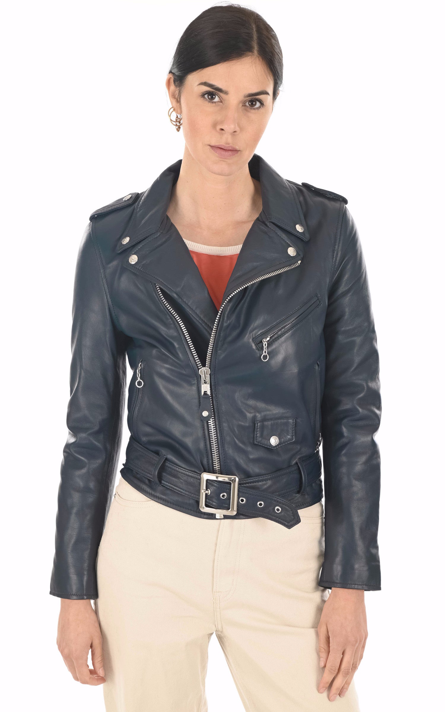 A "LCW8600" Bleu Foncé Schott Perfecto Femme closed photo