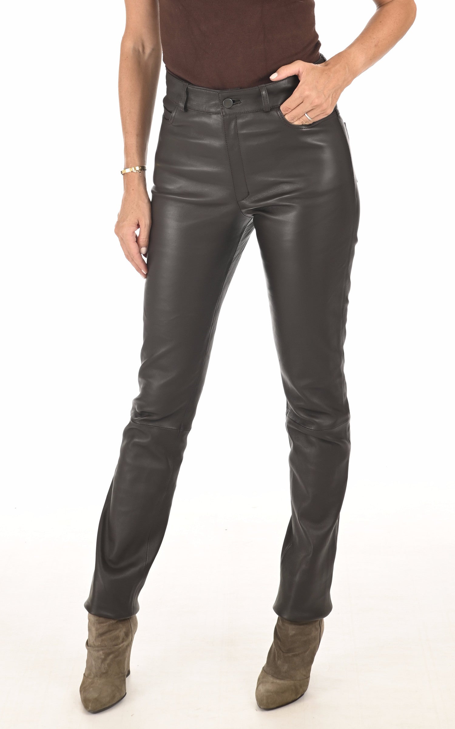 A "JEAN" Marron Foncé La Canadienne Pantalon Femme closed photo