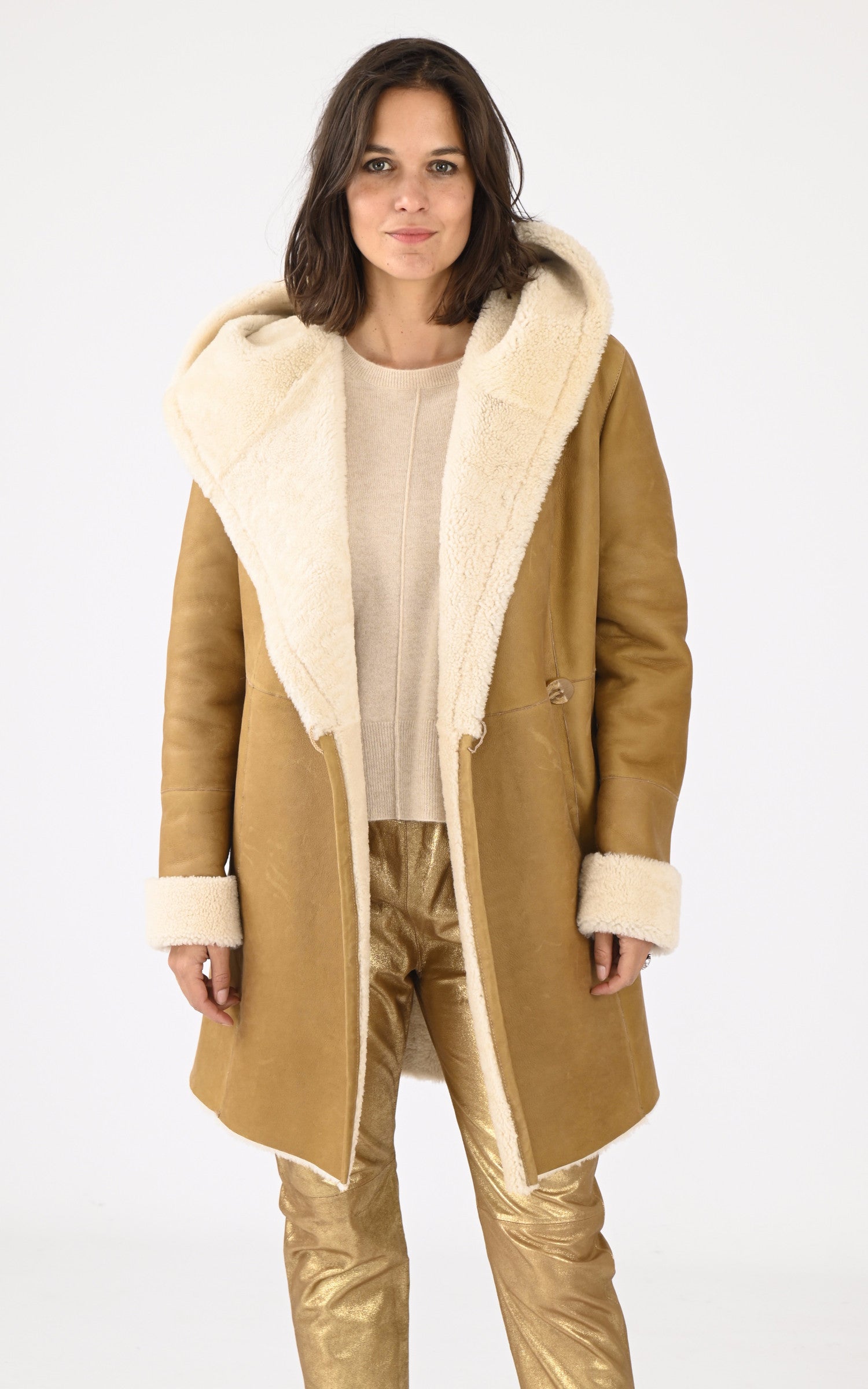 Manteau capuche peau lainée camel La Canadienne La Canadienne