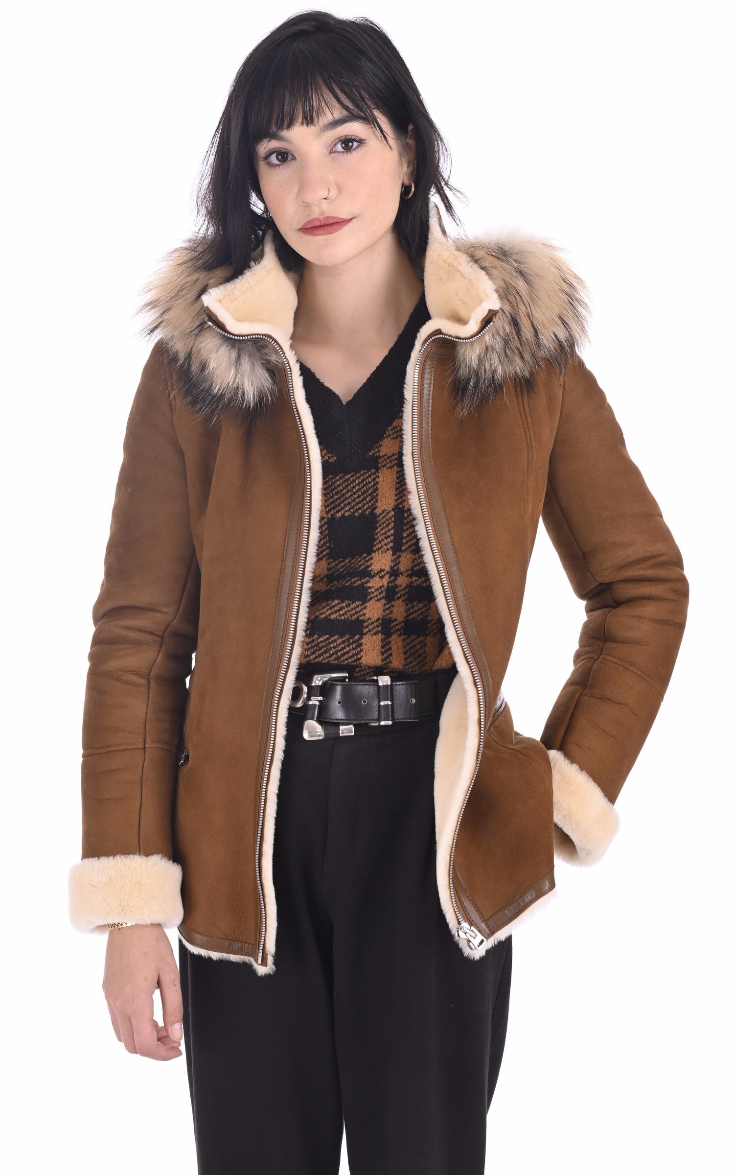 A "ELENA SOFT VELOURS FF" Camel La Canadienne Veste Femme opened photo