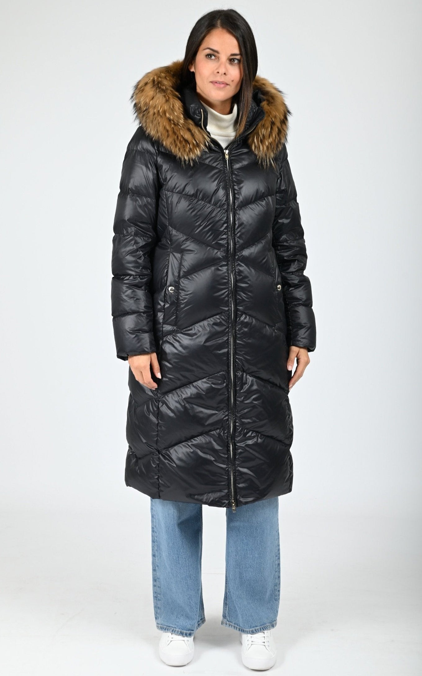 Doudoune confort longue avec fourrure noir 1