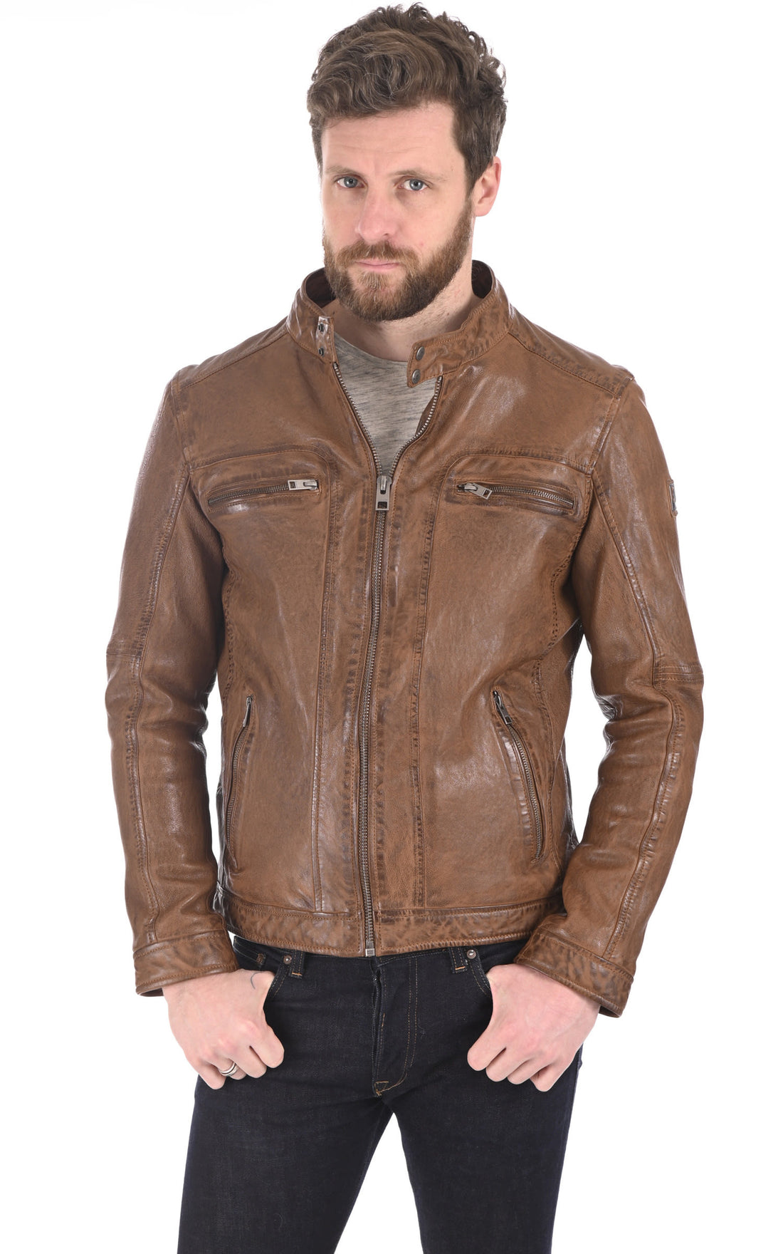 Blouson Cuir Homme Oakwood, modèle Drink 63036 de couleur marron