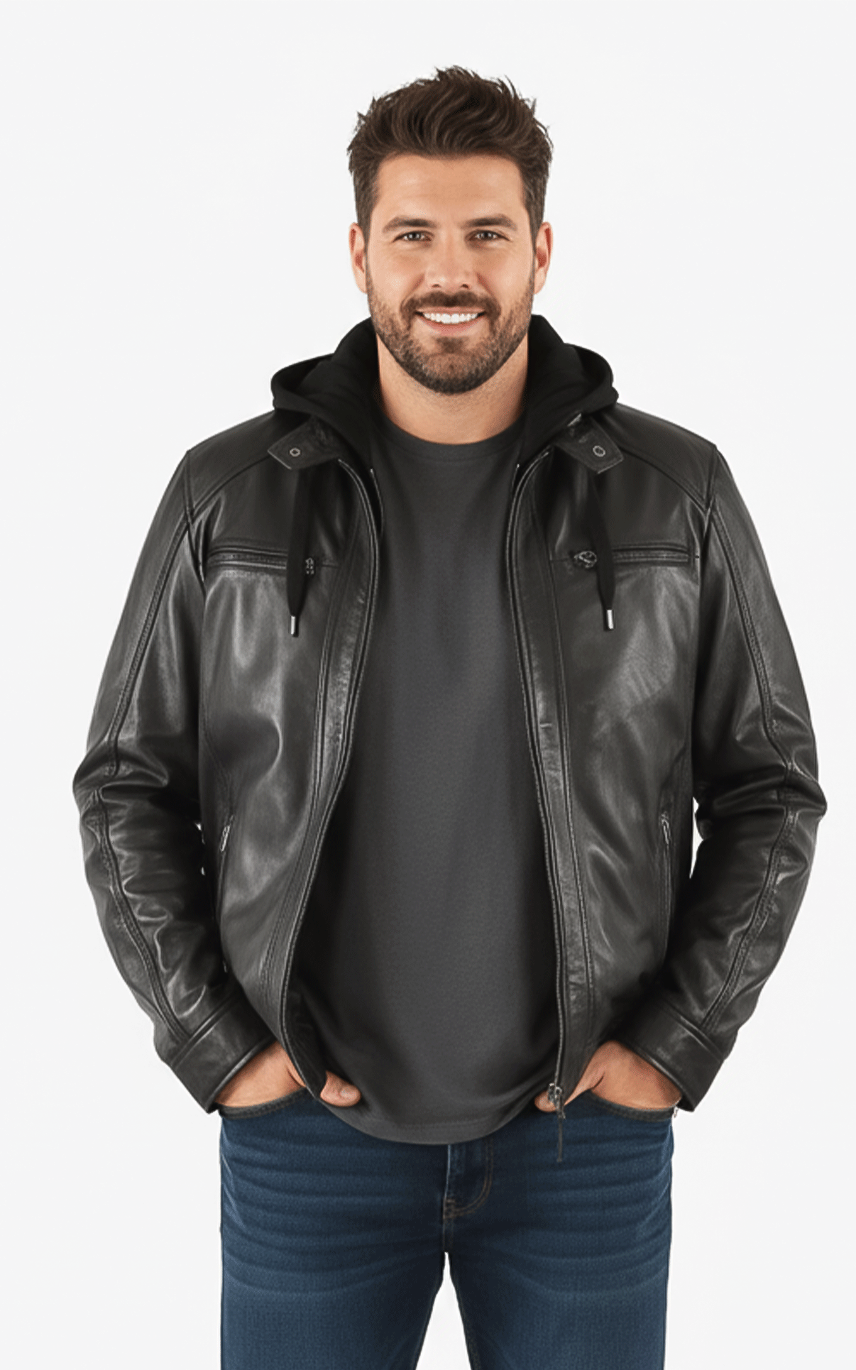 Blouson capuche cuir Erico Hood noir
