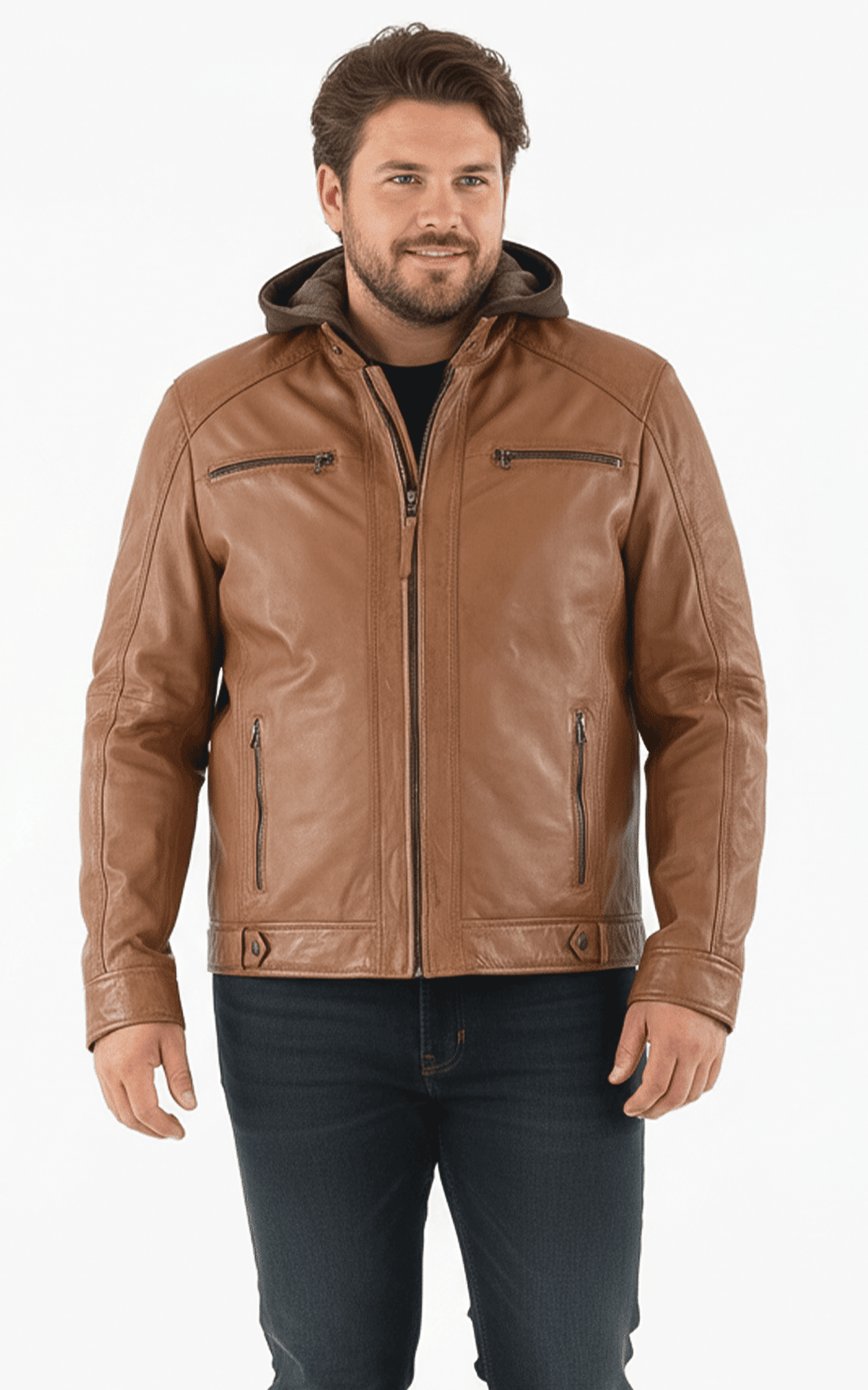 Blouson cuir capuche Erico Hood marron - Grande taille