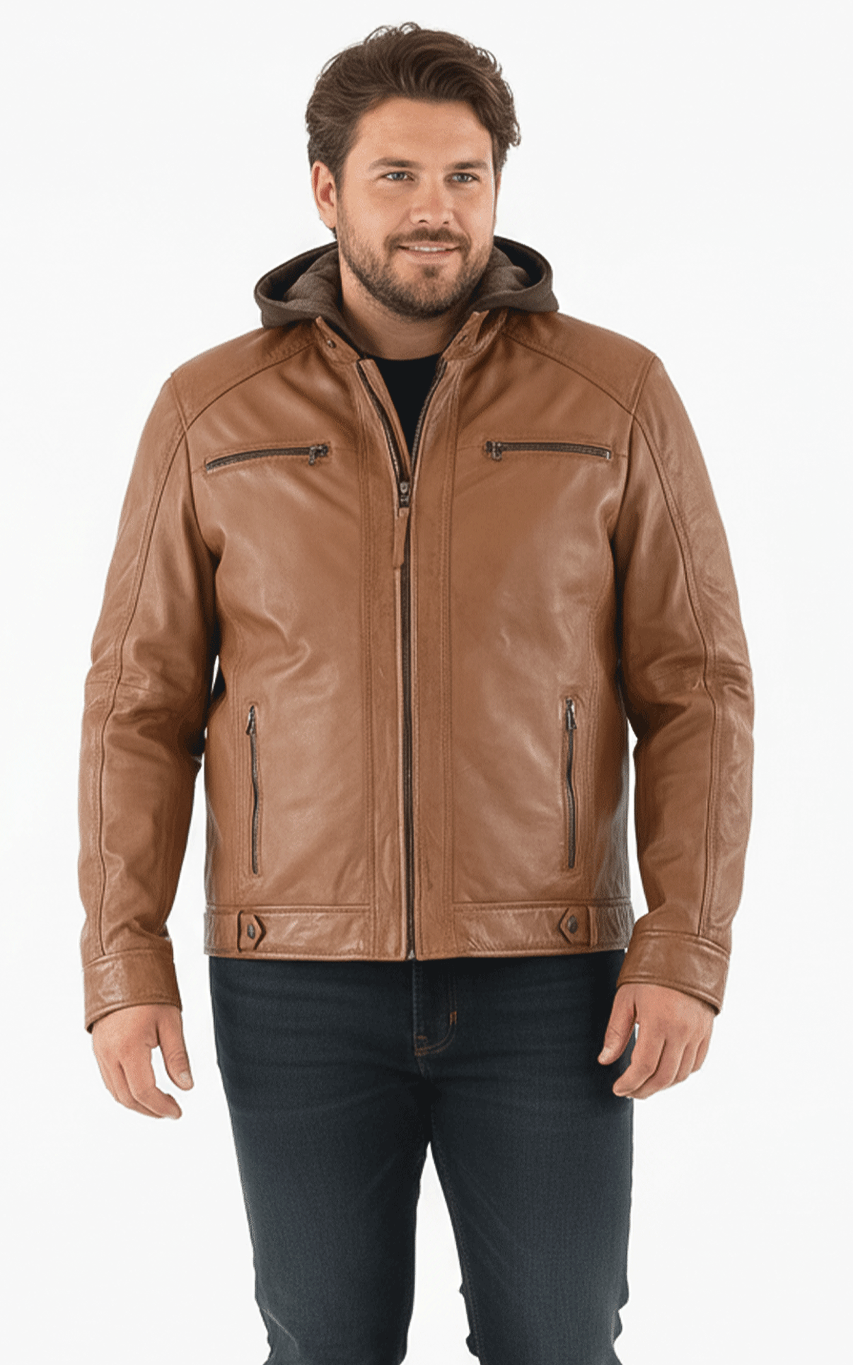 Blouson cuir capuche Erico Hood marron - Grande taille