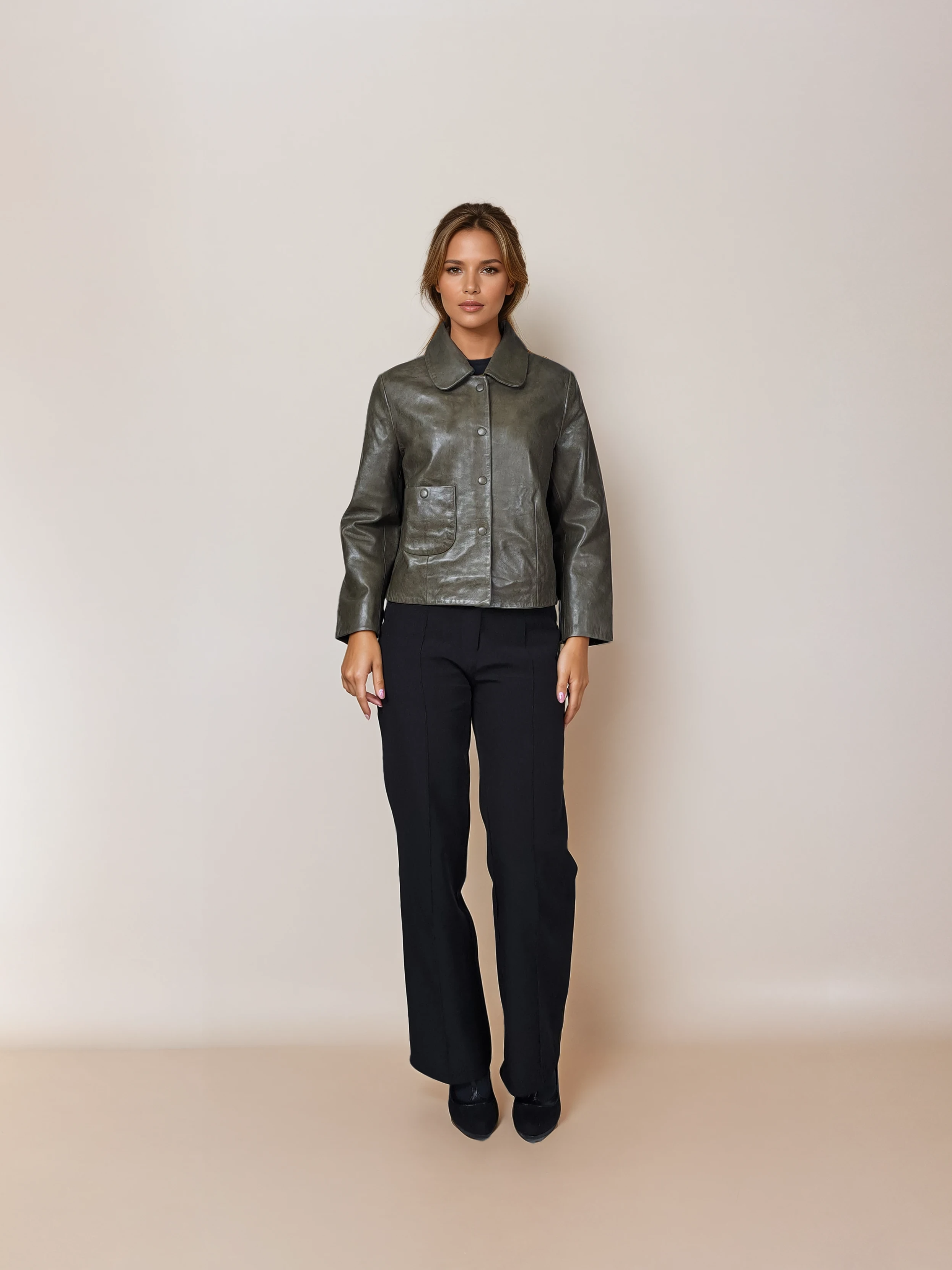 Marley, 53 cm. - Collar Lamb Polish Nappa Leather Olive