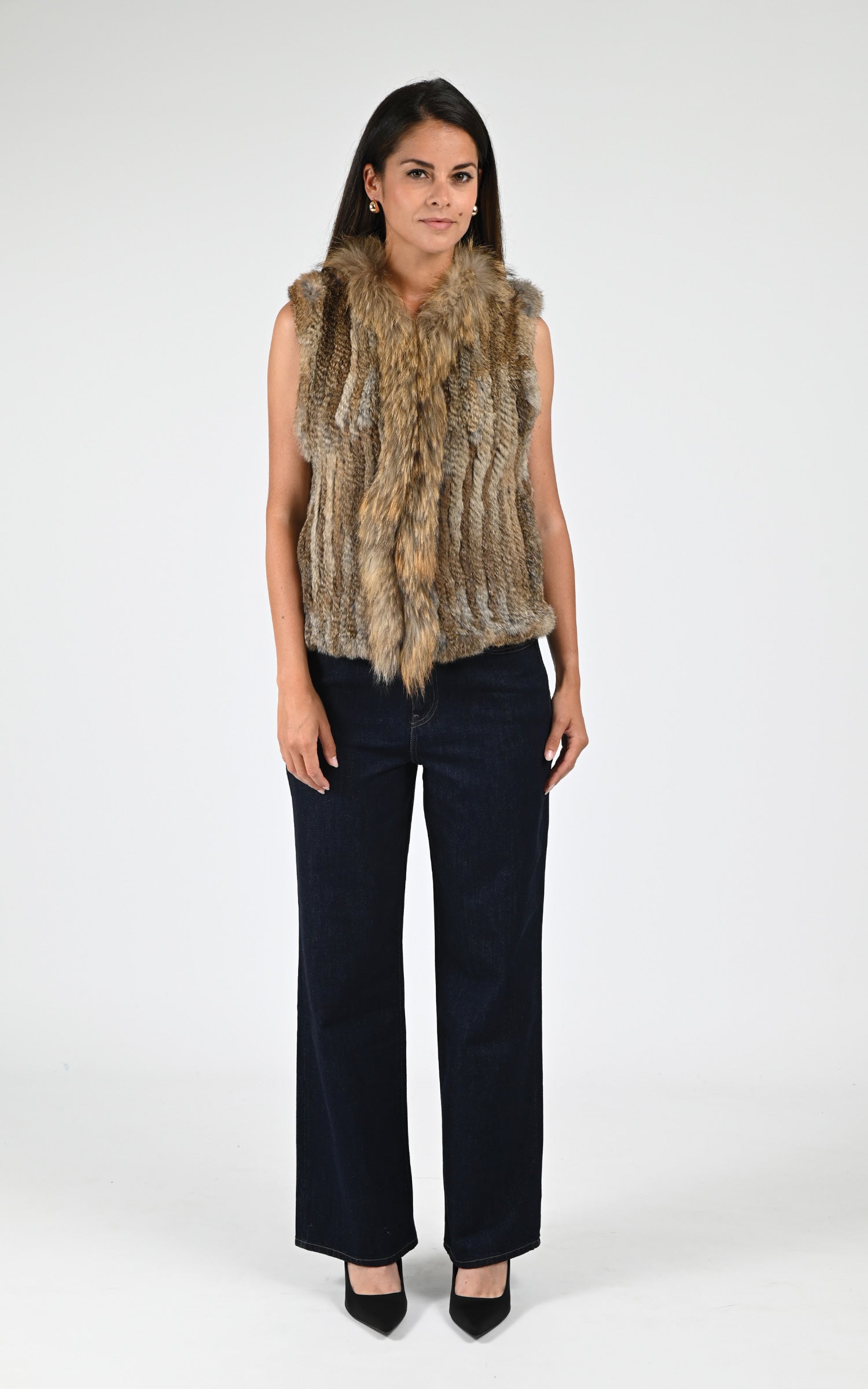 Gilet fourrure lapin et finraccoon marron 3