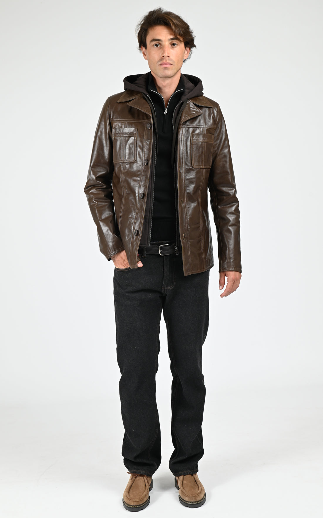 Veste capuche cuir Taggart marron