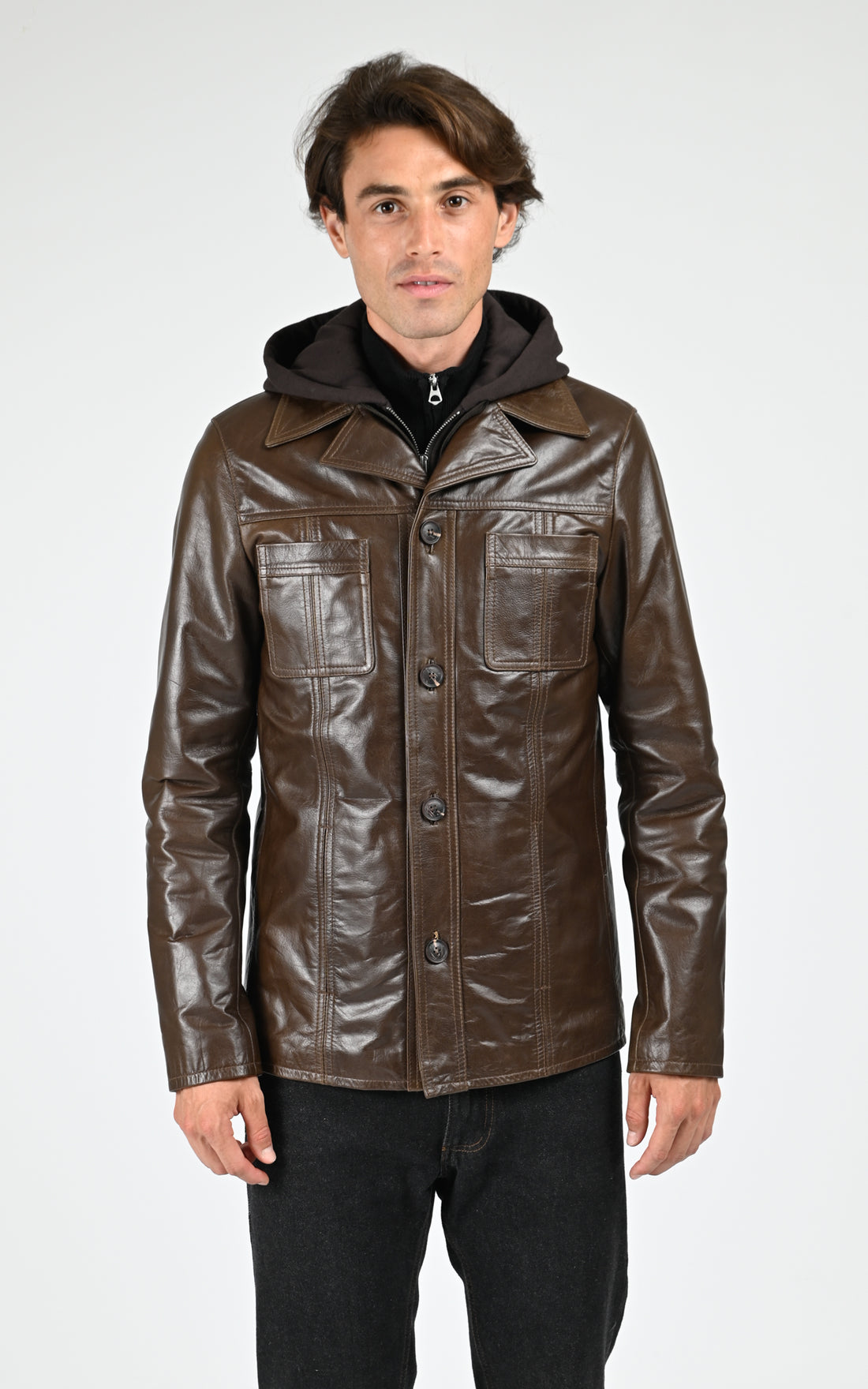 Veste capuche cuir Taggart marron