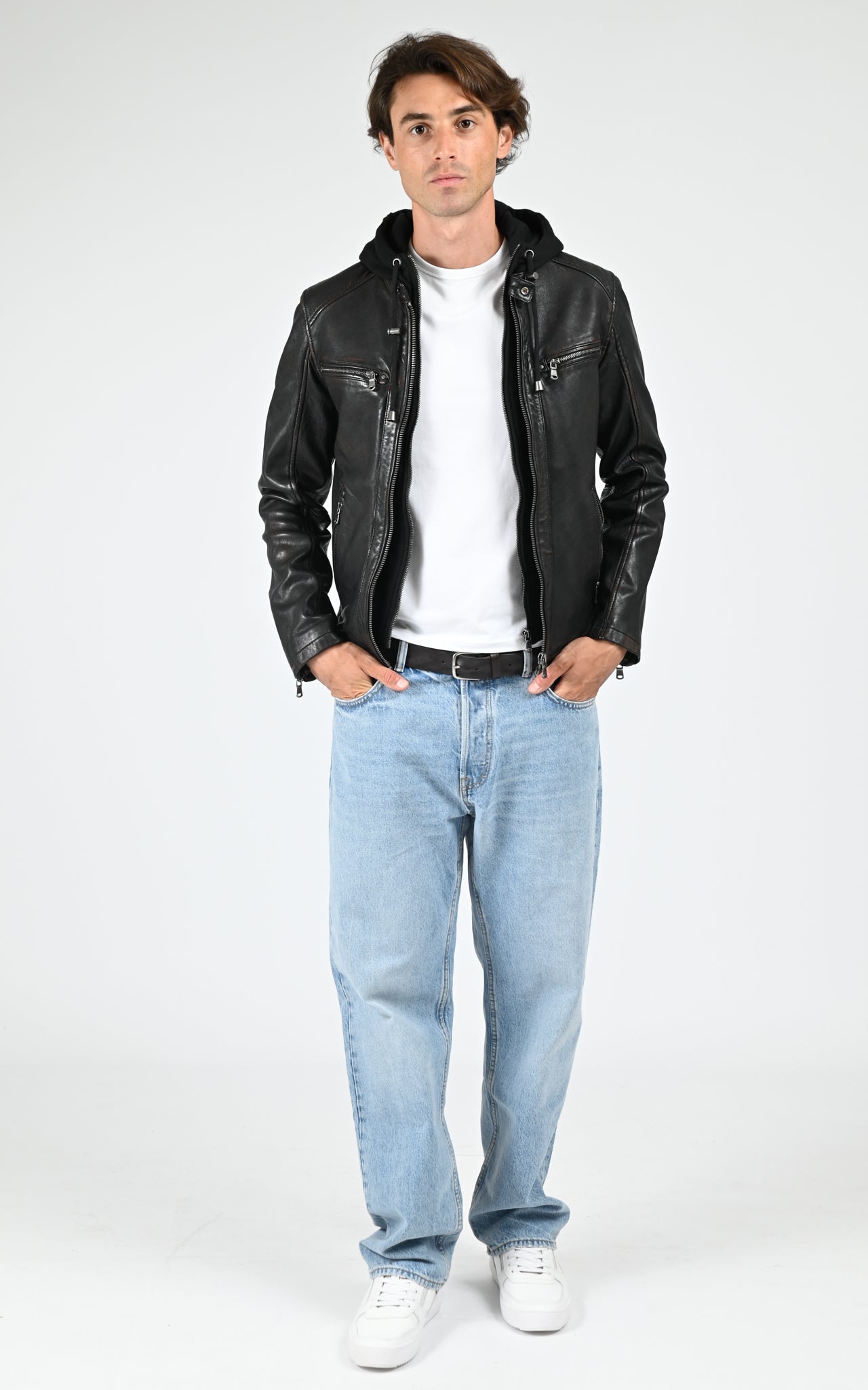Blouson capuche cuir Winstoner noir