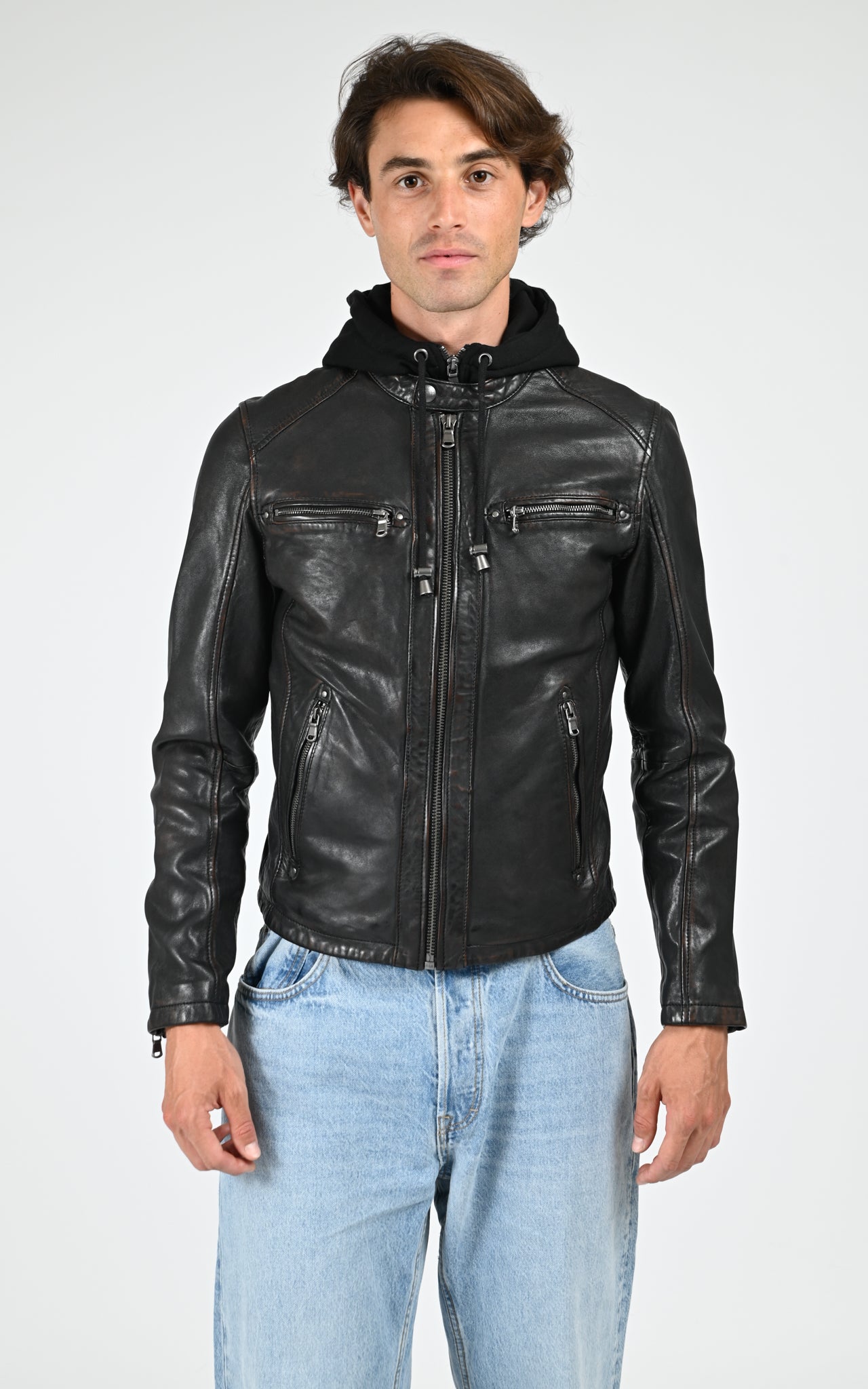 Blouson capuche cuir Winstoner noir