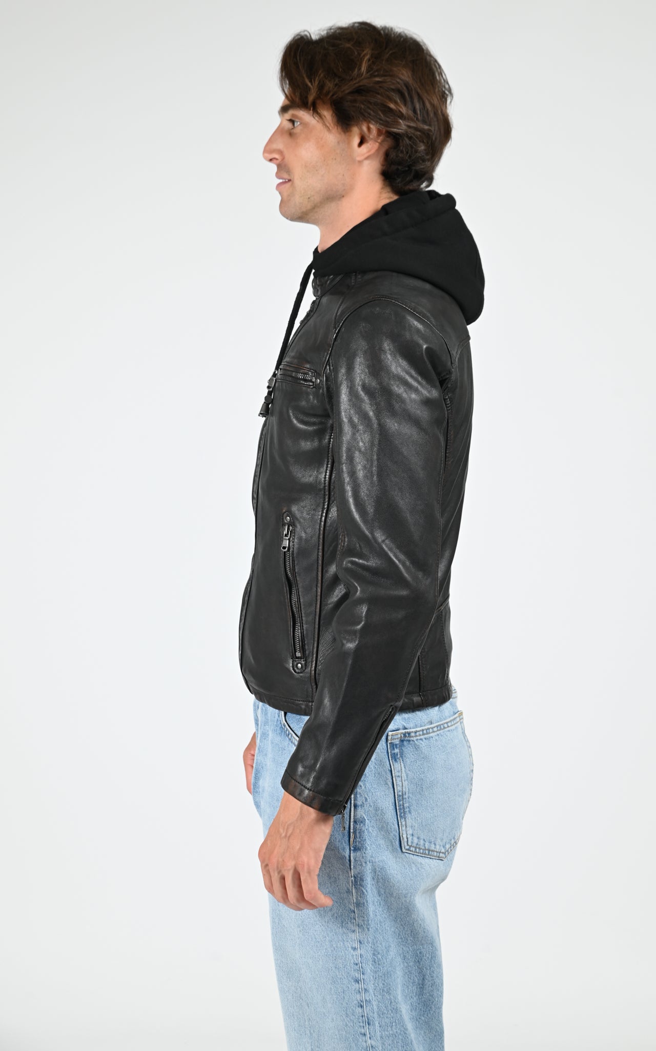 Blouson capuche cuir Winstoner noir