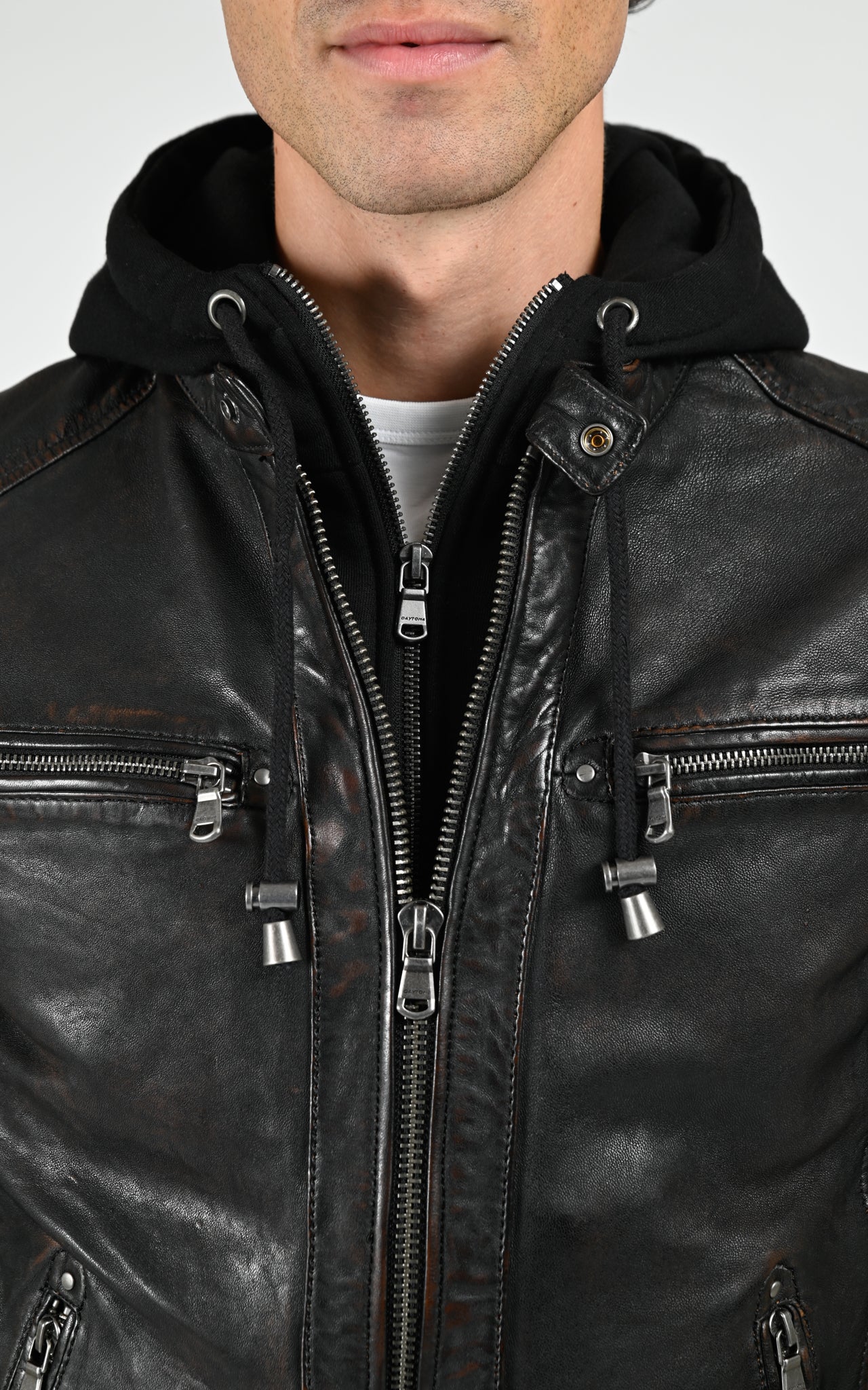 Blouson capuche cuir Winstoner noir