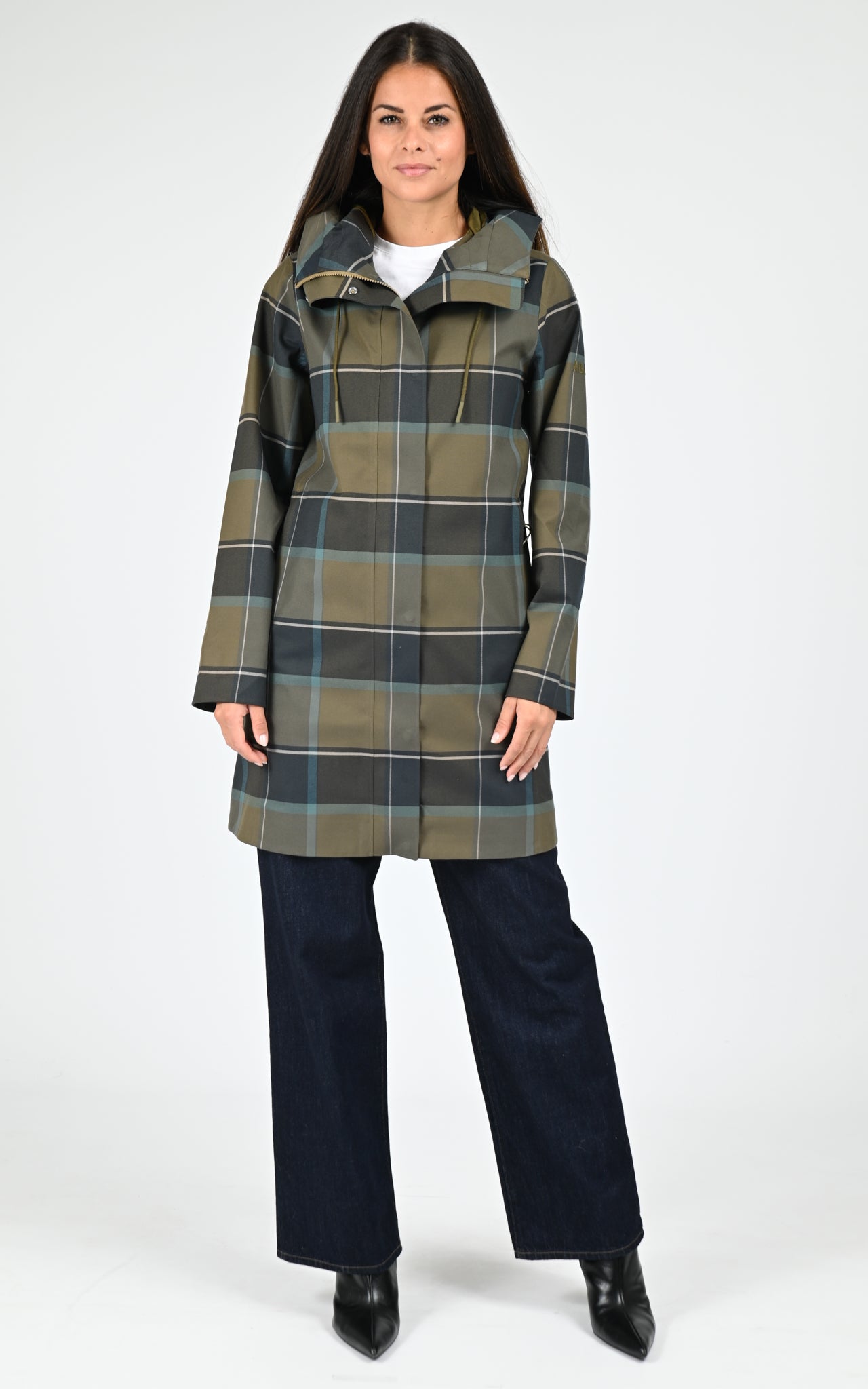 Parka longue à carreaux kaki