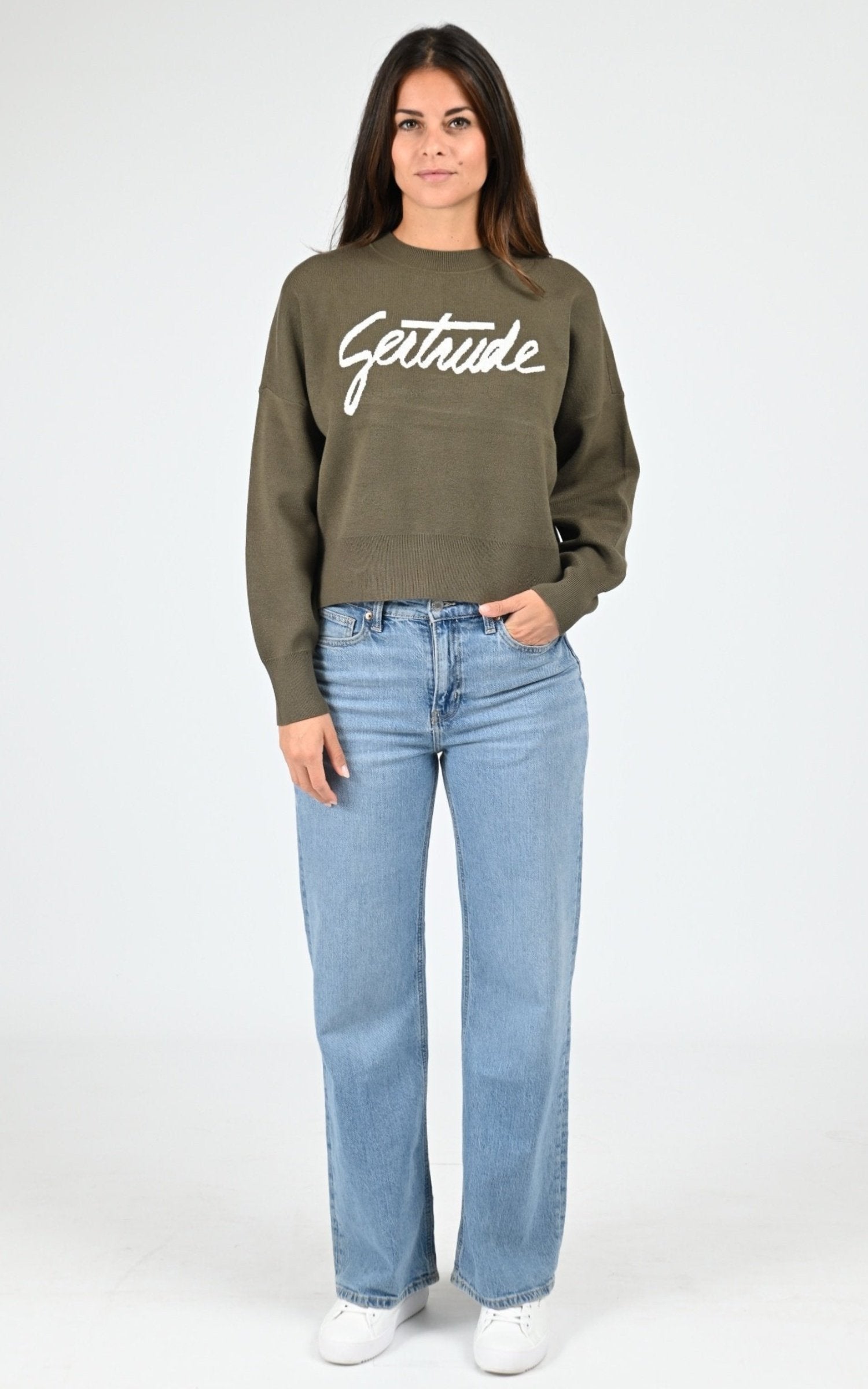 Pull Textile Femme Gertrude, modèle Nath script de couleur kaki