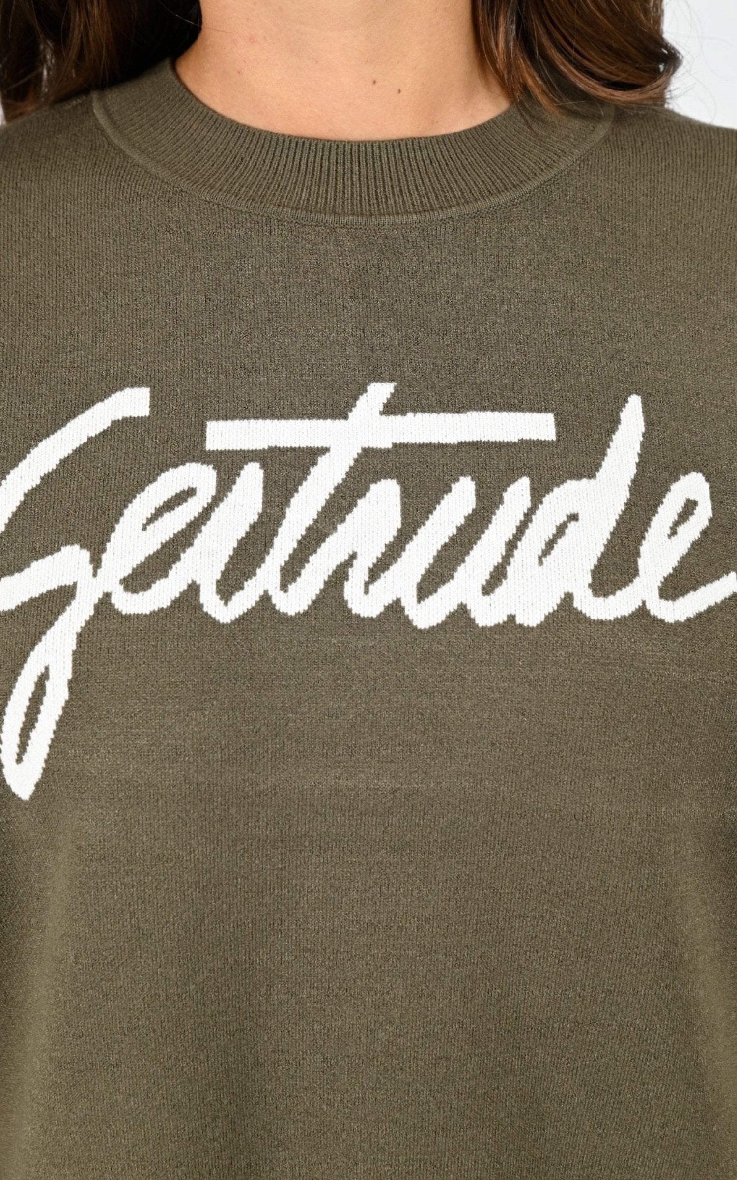 Pull Textile Femme Gertrude, modèle Nath script de couleur kaki