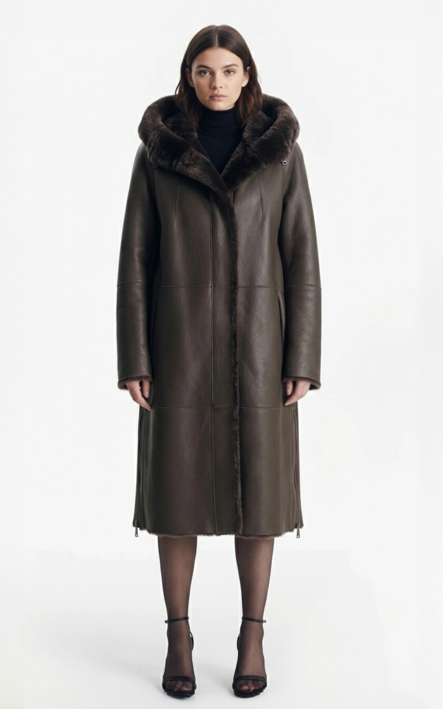 Brown shearling hooded coat