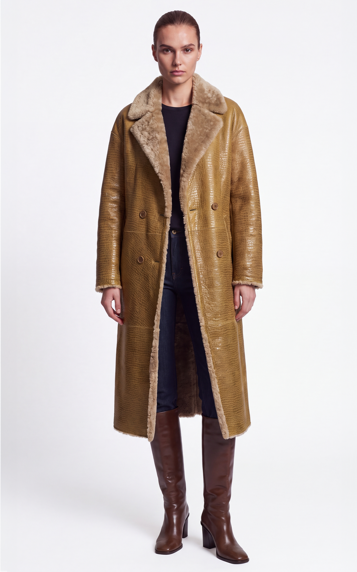 Manteau long peau lainée agneau Jemila camel