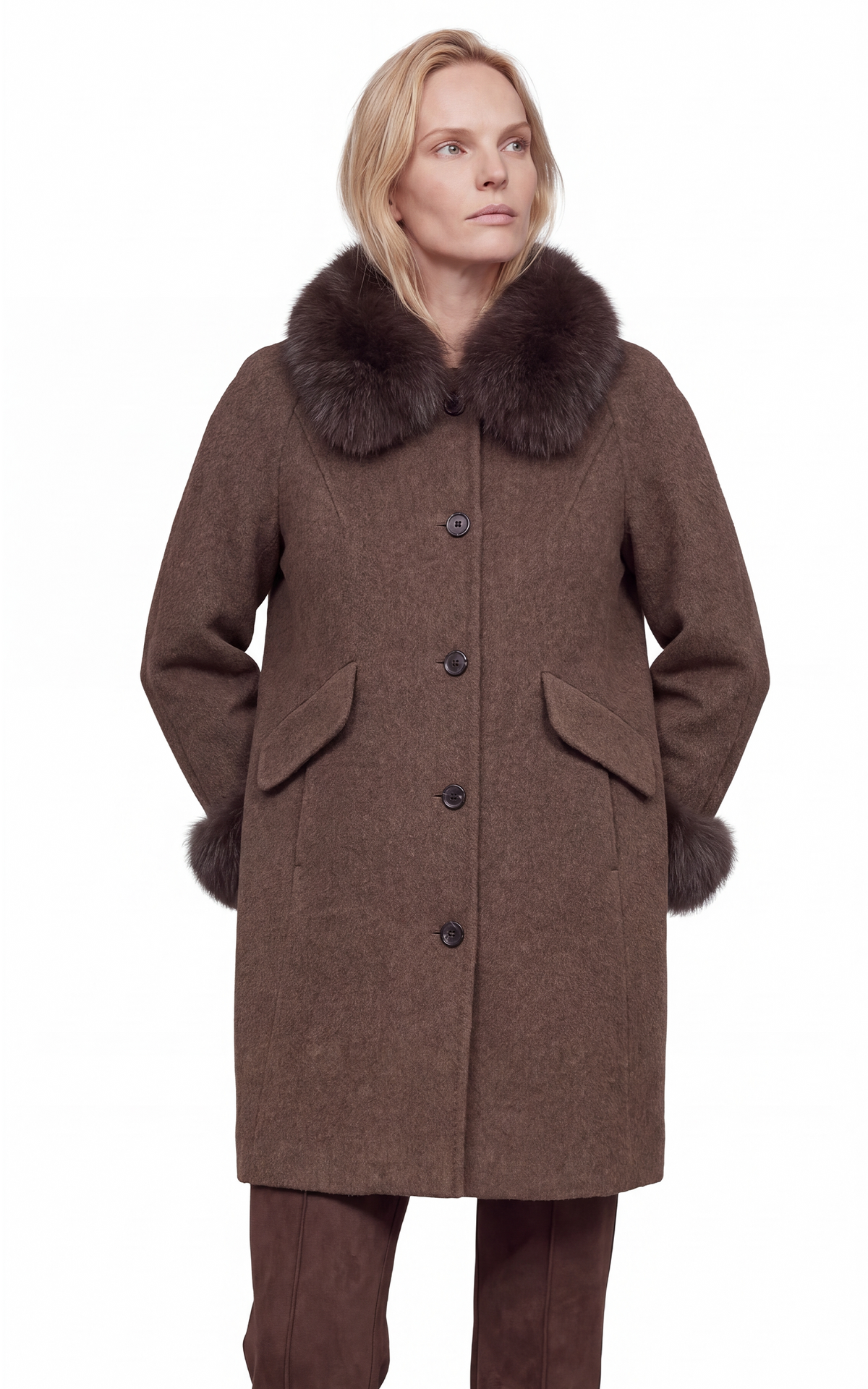 Manteau long en laine et renard Jiliby marron