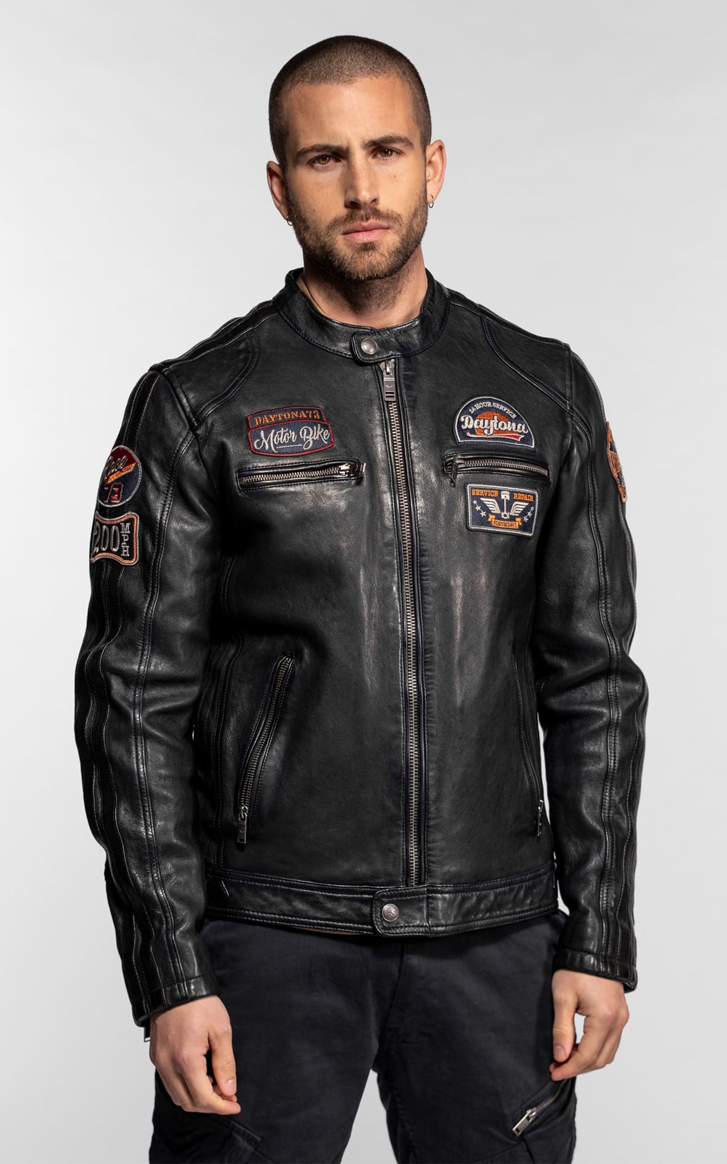 Blouson moto cuir Aniak bleu marine