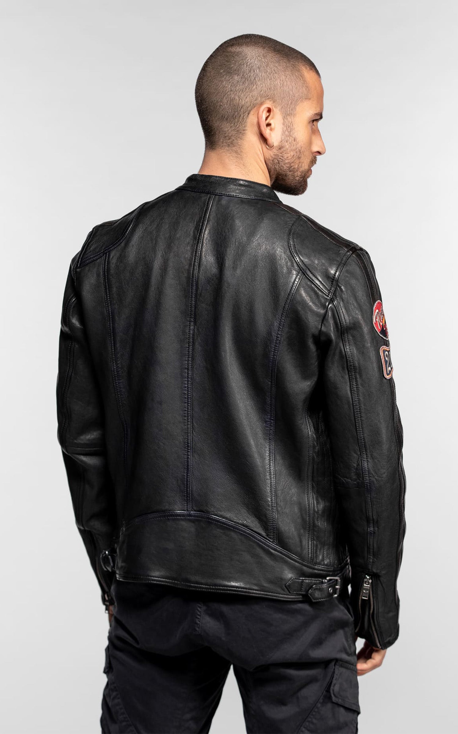 Blouson moto cuir Aniak bleu marine