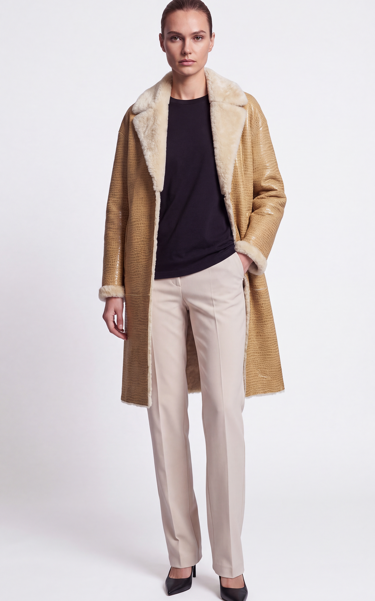 Manteau long peau lainée Izel beige