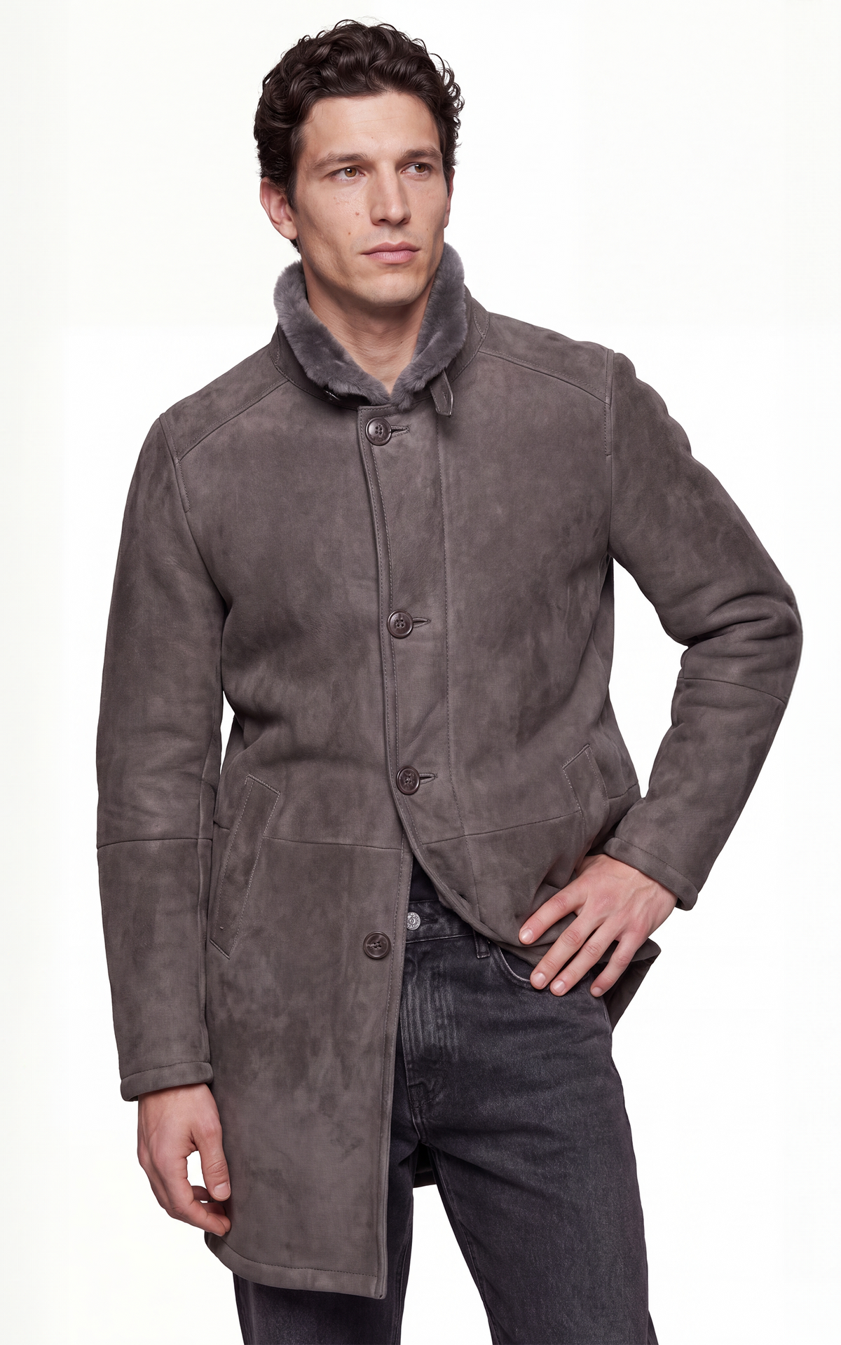 Manteau long peau lainée Carlo gris