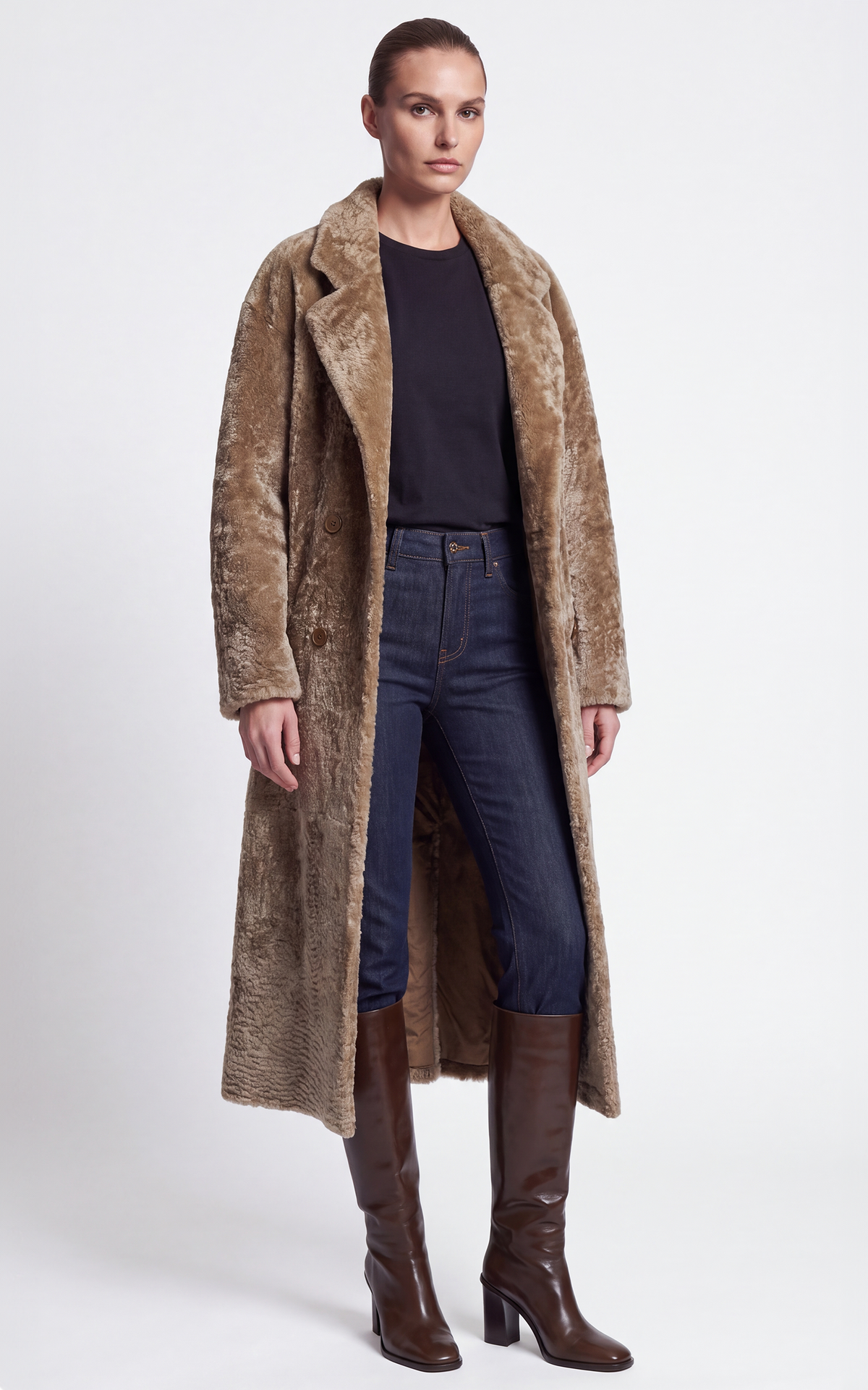 Manteau long peau lainée agneau Jemila camel