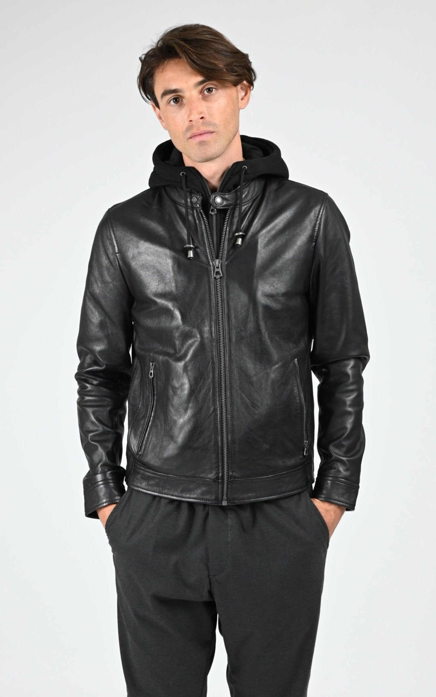 Blouson à capuche cuir Shafter hood noir Daytona 73 - La Canadienne