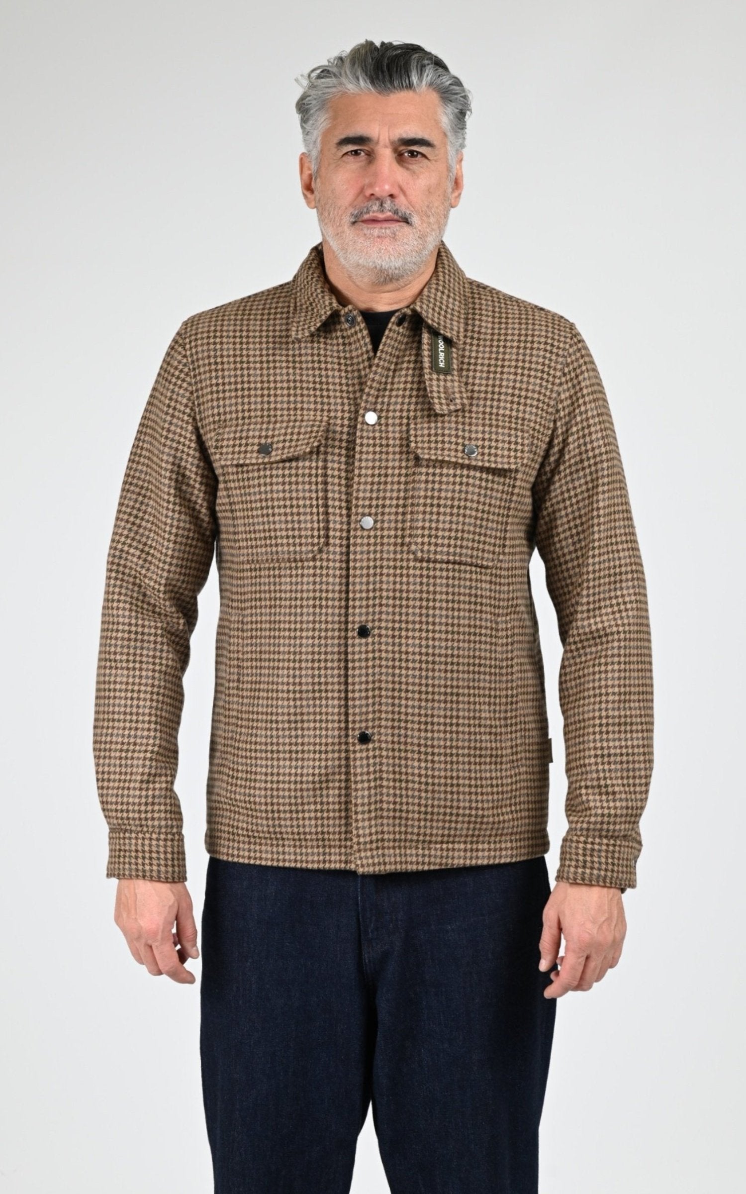 Veste Textile Homme Woolrich, modèle Wool check alaskan os2018 de couleur beige pied de poule