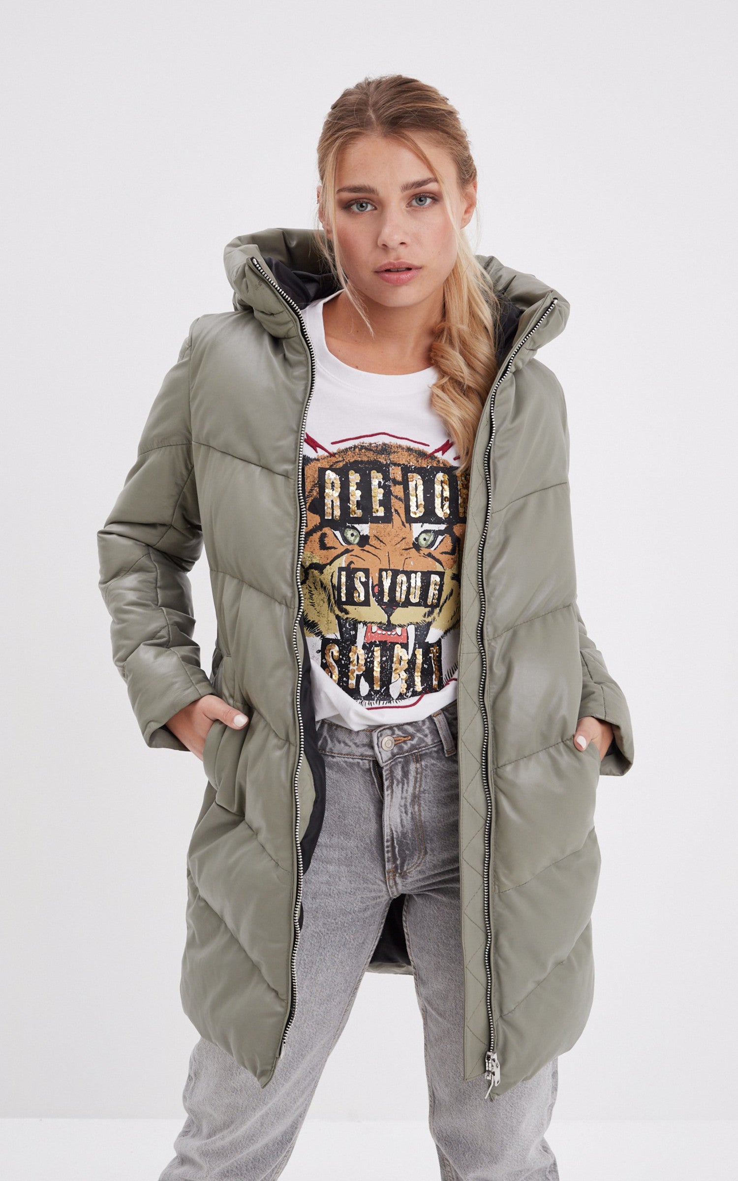 A "OLGAR 103089" Kaki Clair Rose Garden 3/4 Doudoune Femme closed photo 2