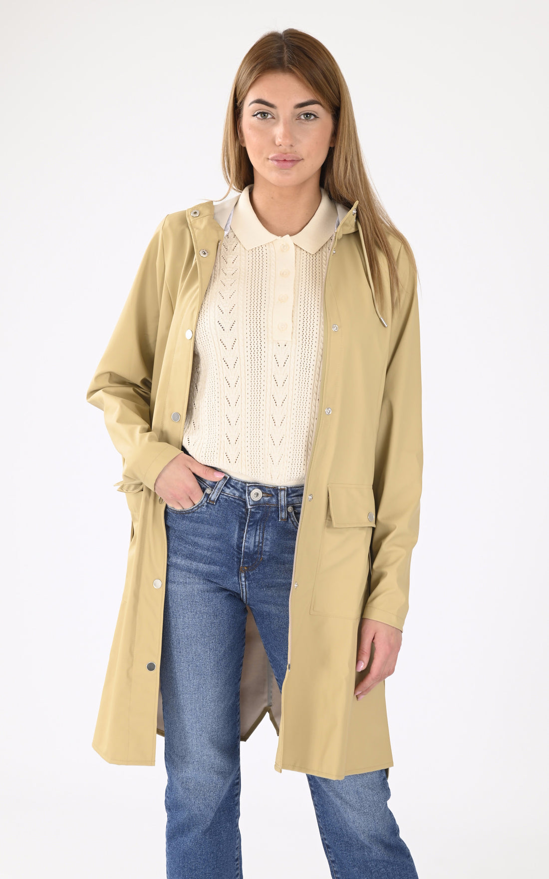 A "18130 CURVE JACKET" Beige Rains 3/4 Femme opened photo
