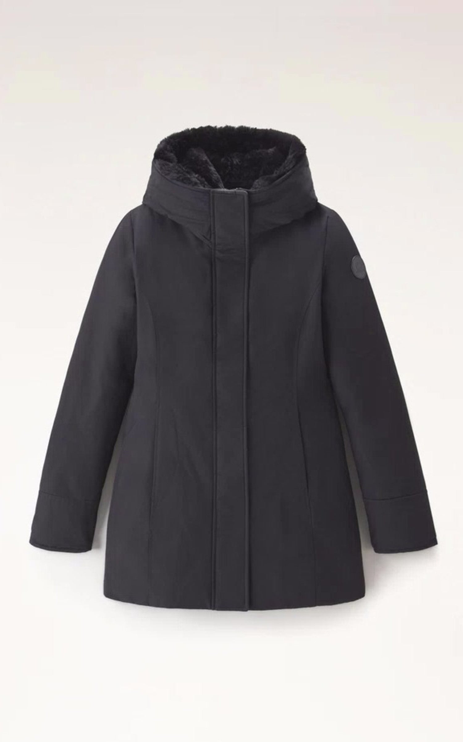 A "BOULDER FAUX FUR WWOU0724" Noir Woolrich 3/4 Parka Femme details photo