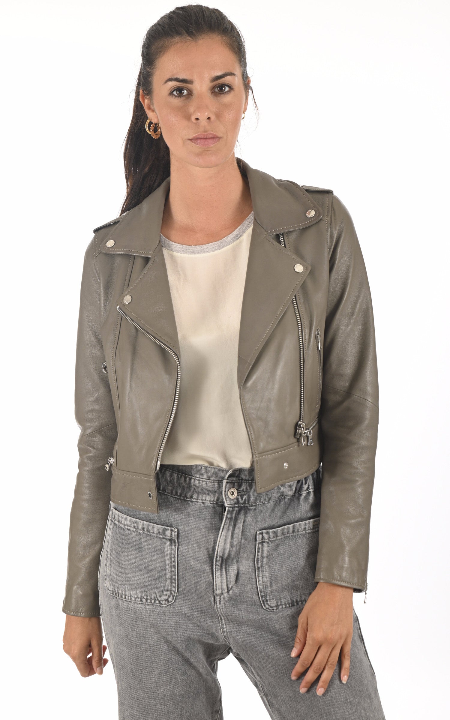 Blouson perfecto Yoko en cuir taupe Oakwood La Canadienne