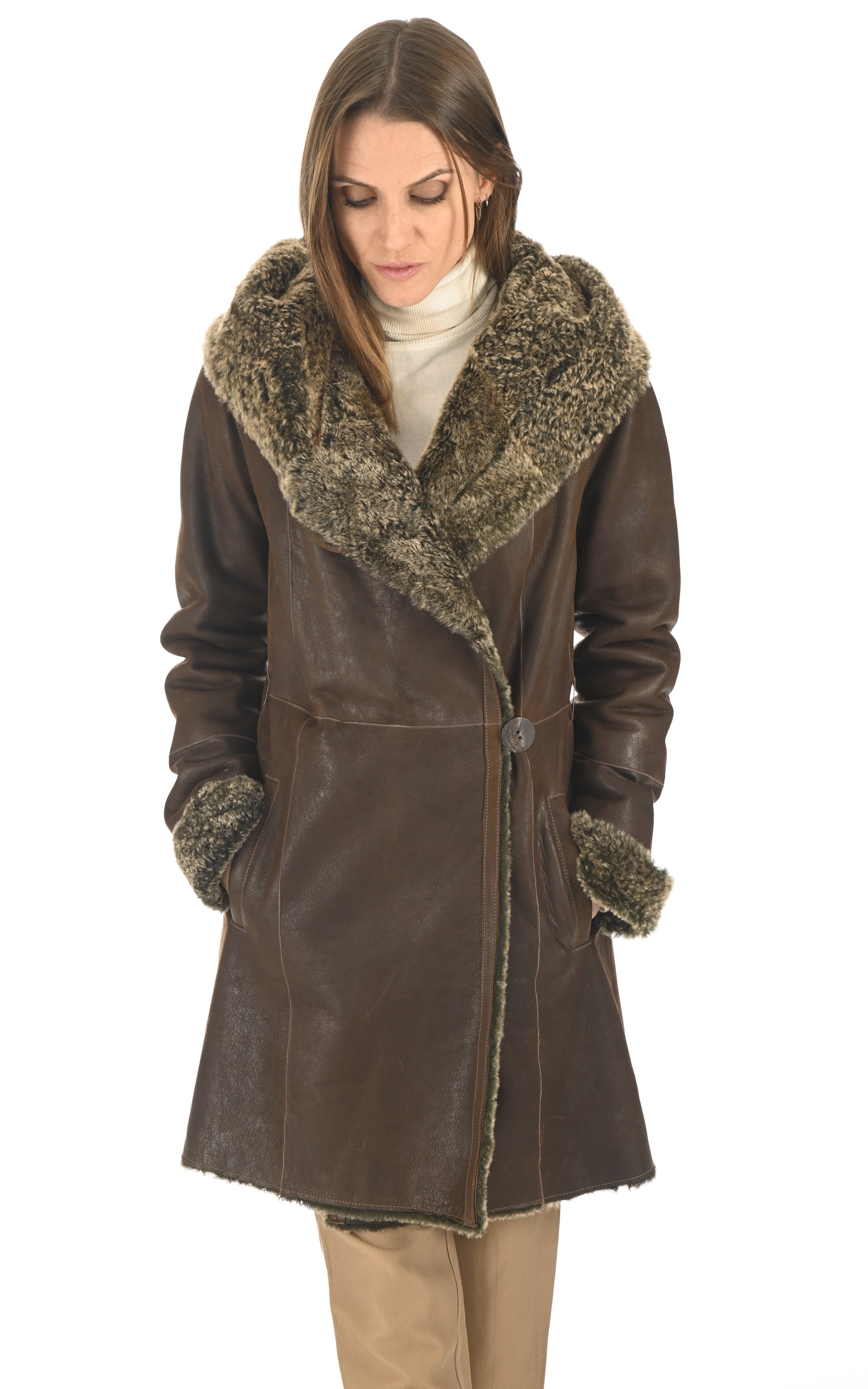 Manteau à capuche peau lainée marron