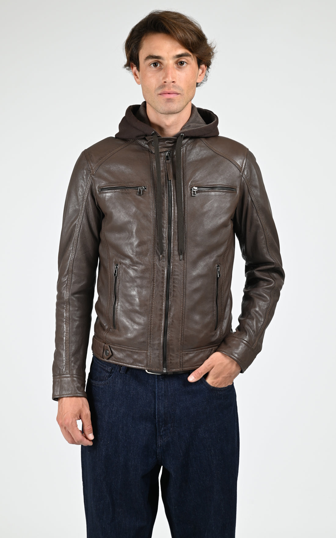 Blouson capuche cuir Erico Hood marron
