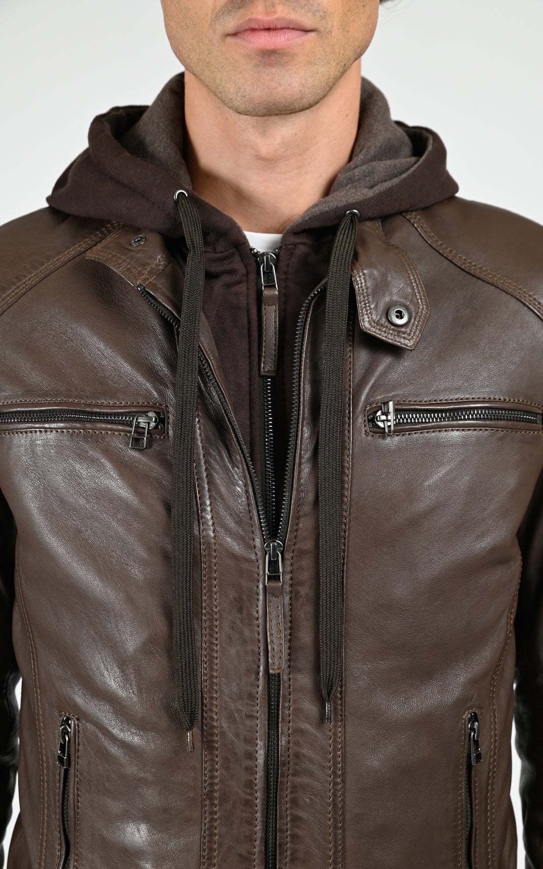 Blouson capuche cuir Erico Hood marron