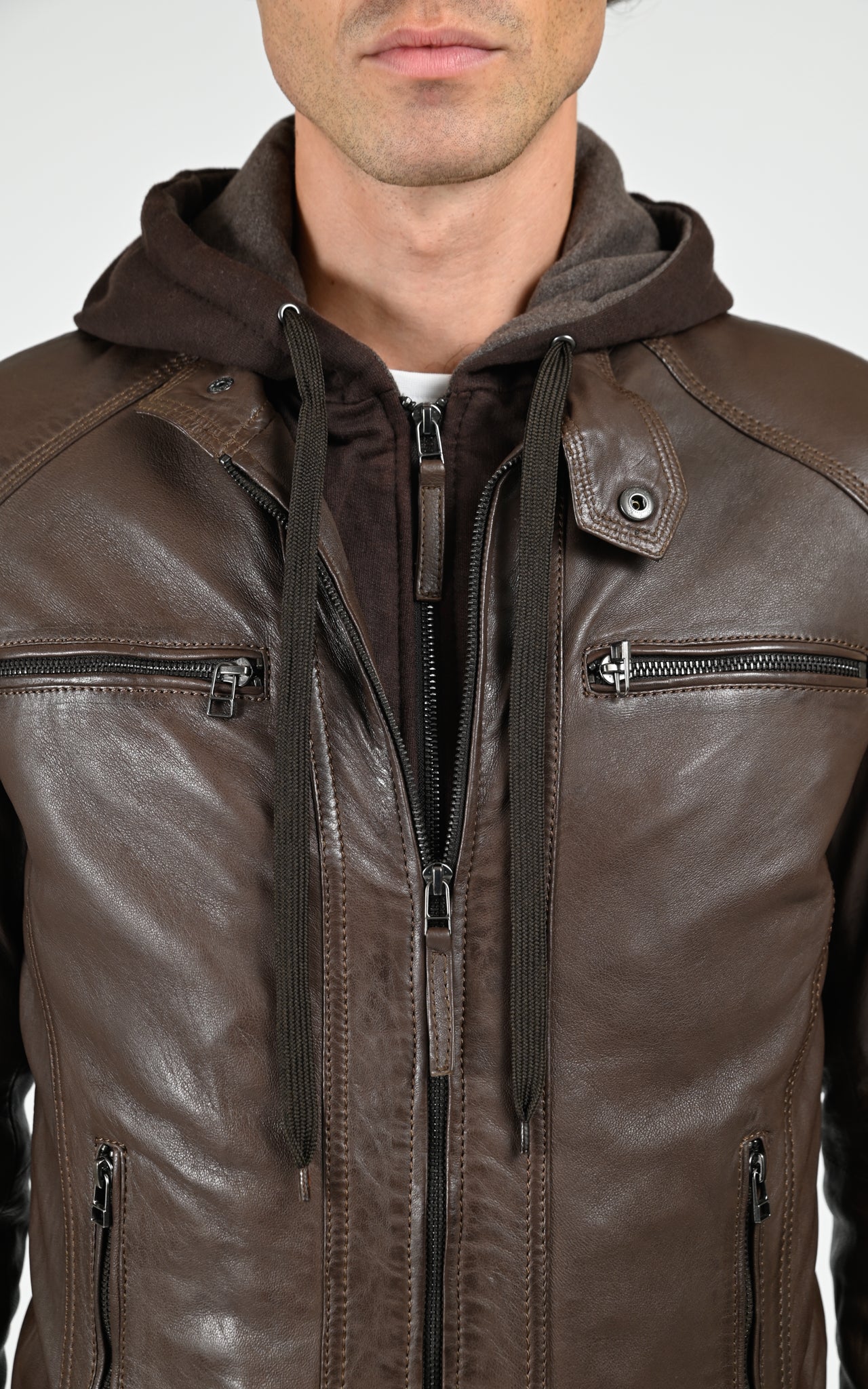 Blouson capuche cuir Erico Hood marron
