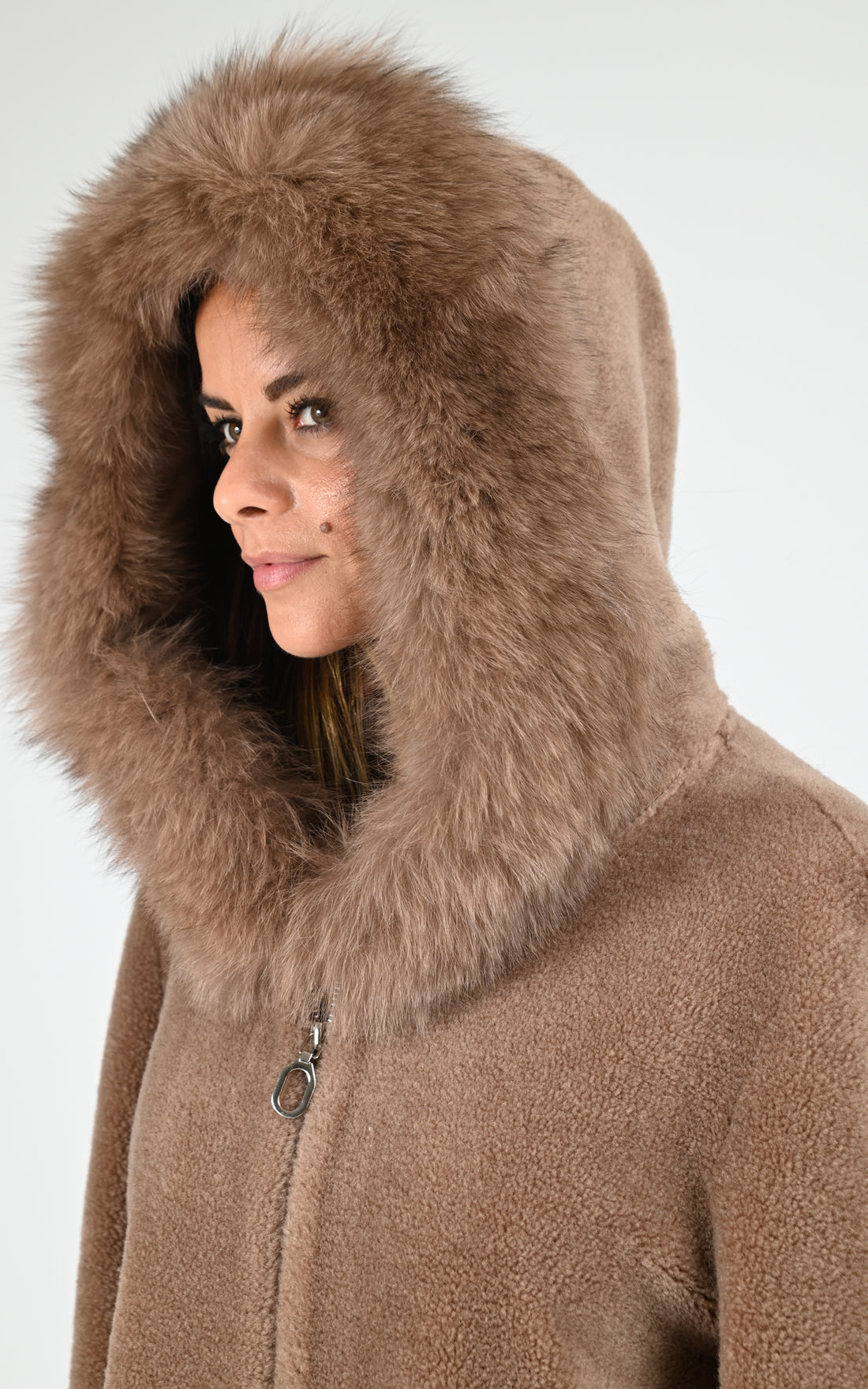Manteau cape laine tissée et renard noisette