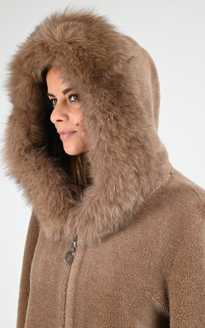 Manteau cape laine tissée et renard noisette
