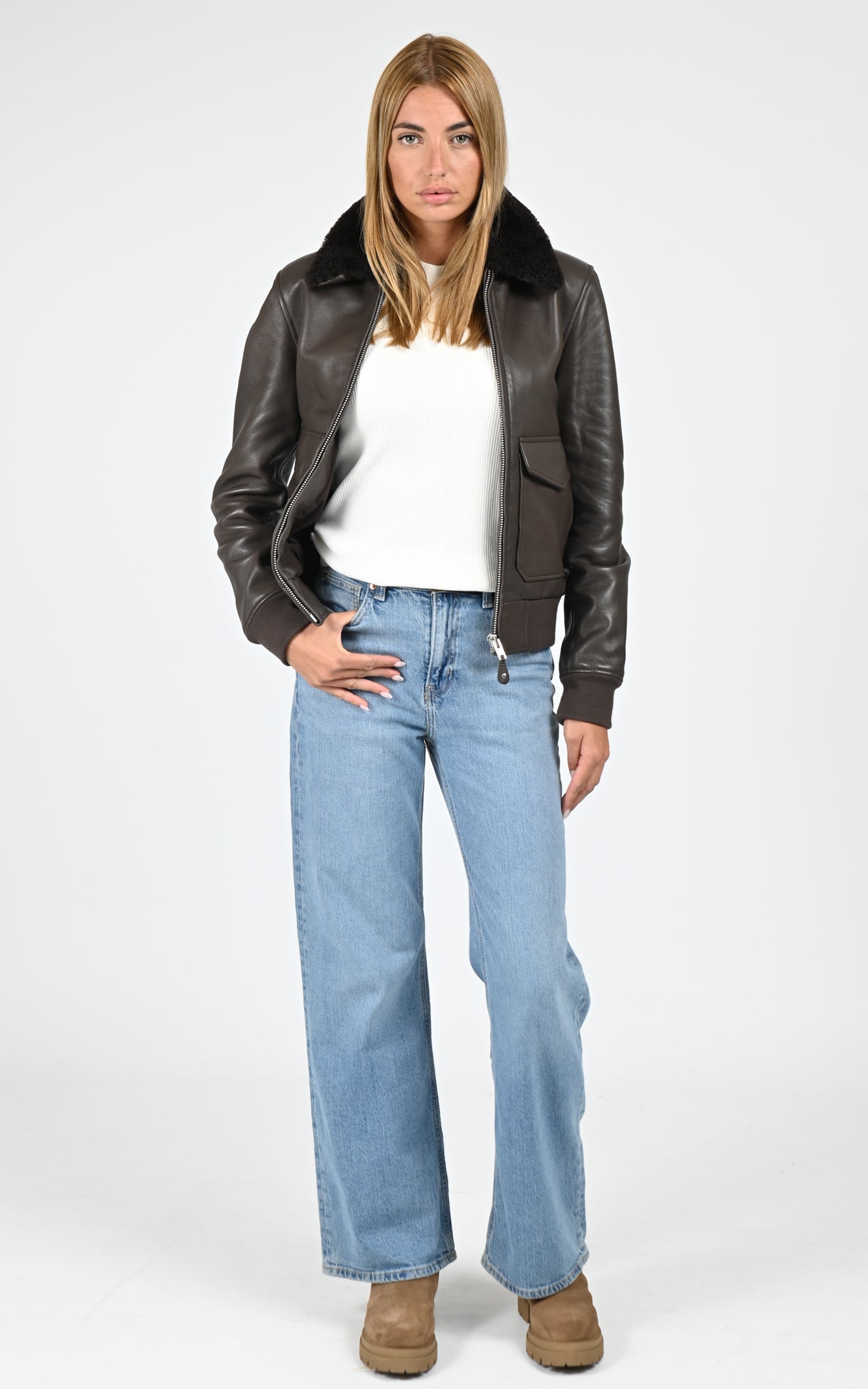 Blouson pilote cuir Romane marron