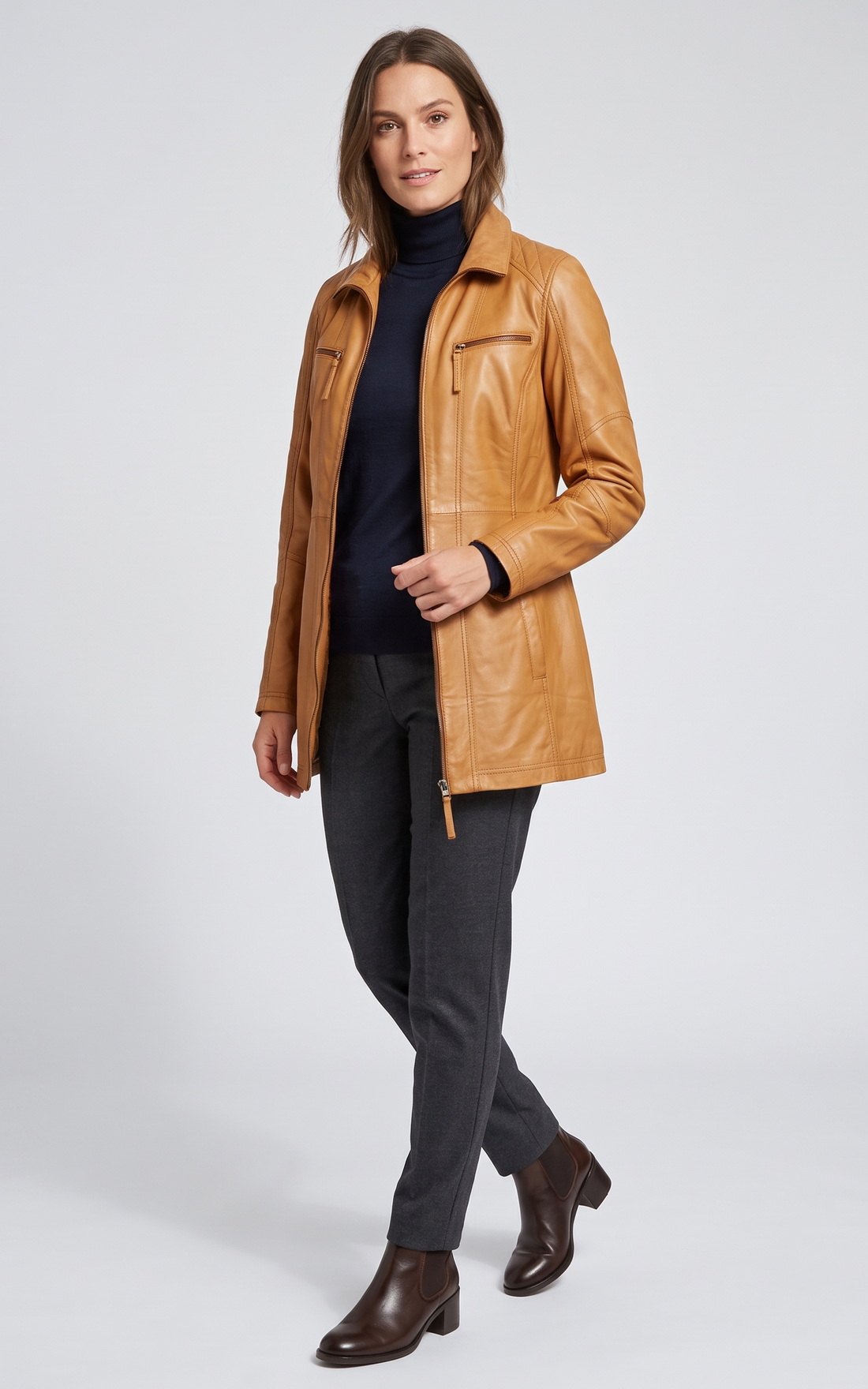Veste en cuir New Alaine femme cognac