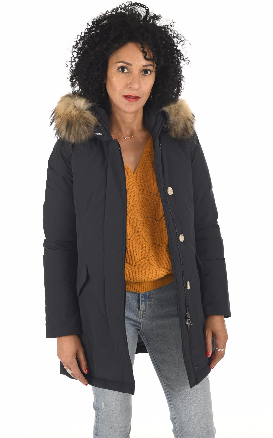 A &quot;LUXURY ARTIC WWOU0652&quot; Bleu Marine Woolrich 3/4 Parka Femme opened photo