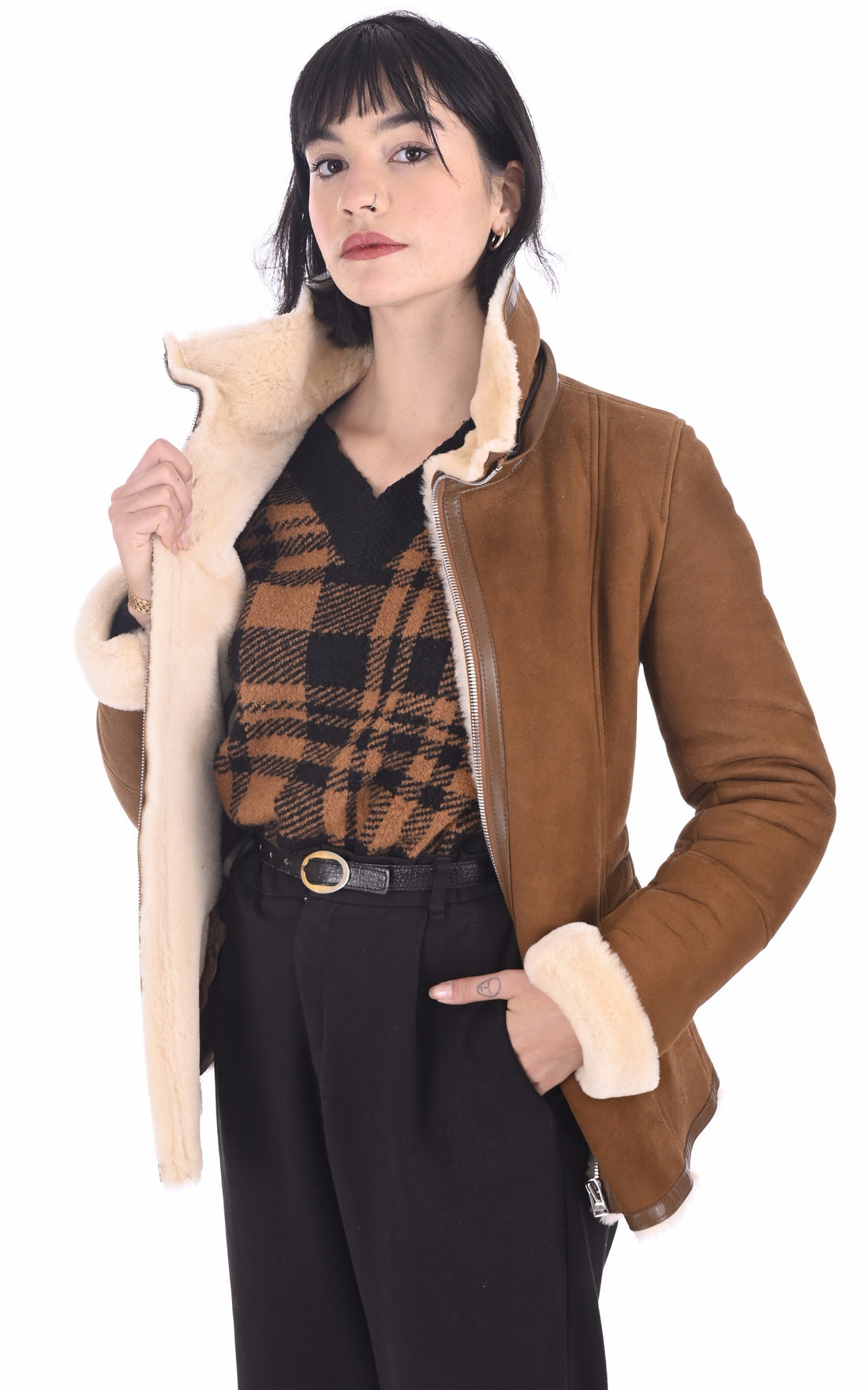 A &quot;ELENA SOFT VELOURS FF&quot; Camel La Canadienne Veste Femme opened photo