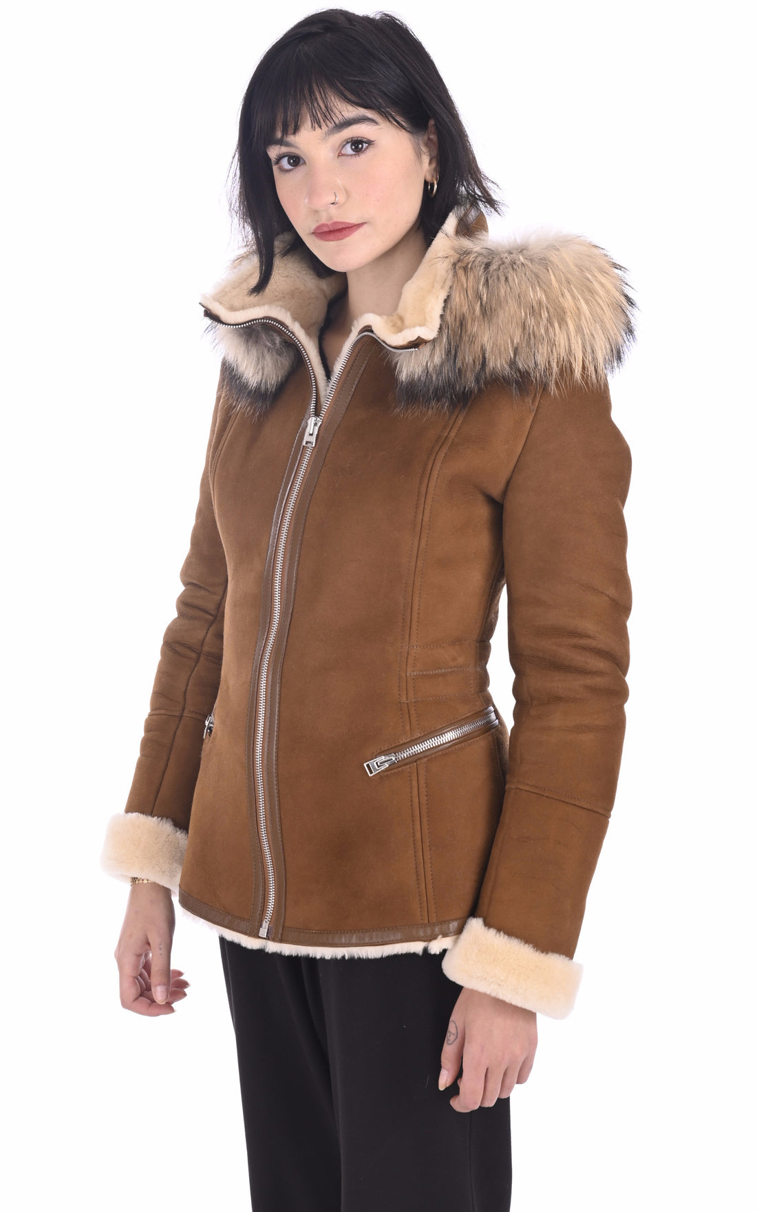 A &quot;ELENA SOFT VELOURS FF&quot; Camel La Canadienne Veste Femme opened photo