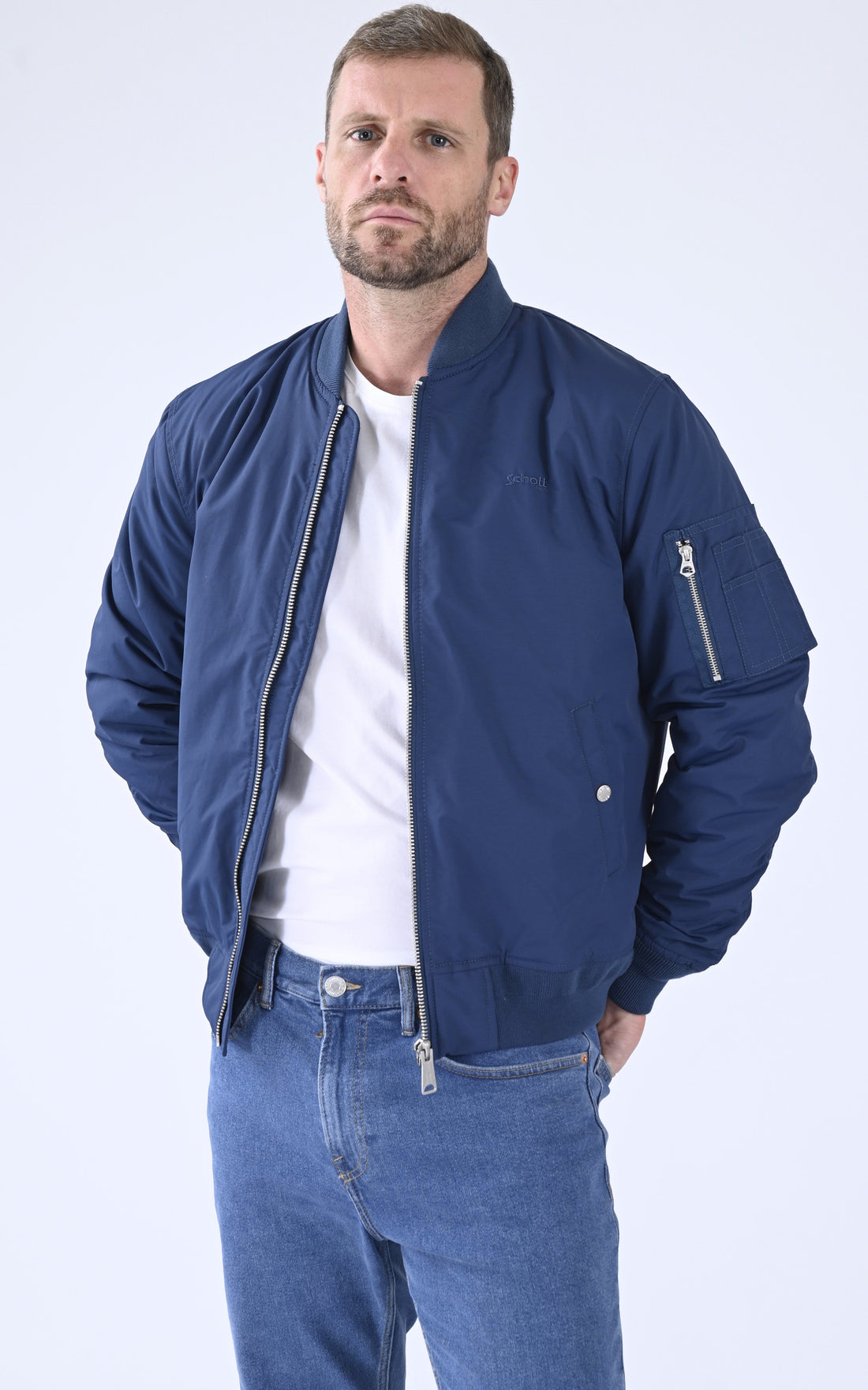 A &quot;AIRKRAFT&quot; Bleu Marine Schott Blouson Homme opened photo